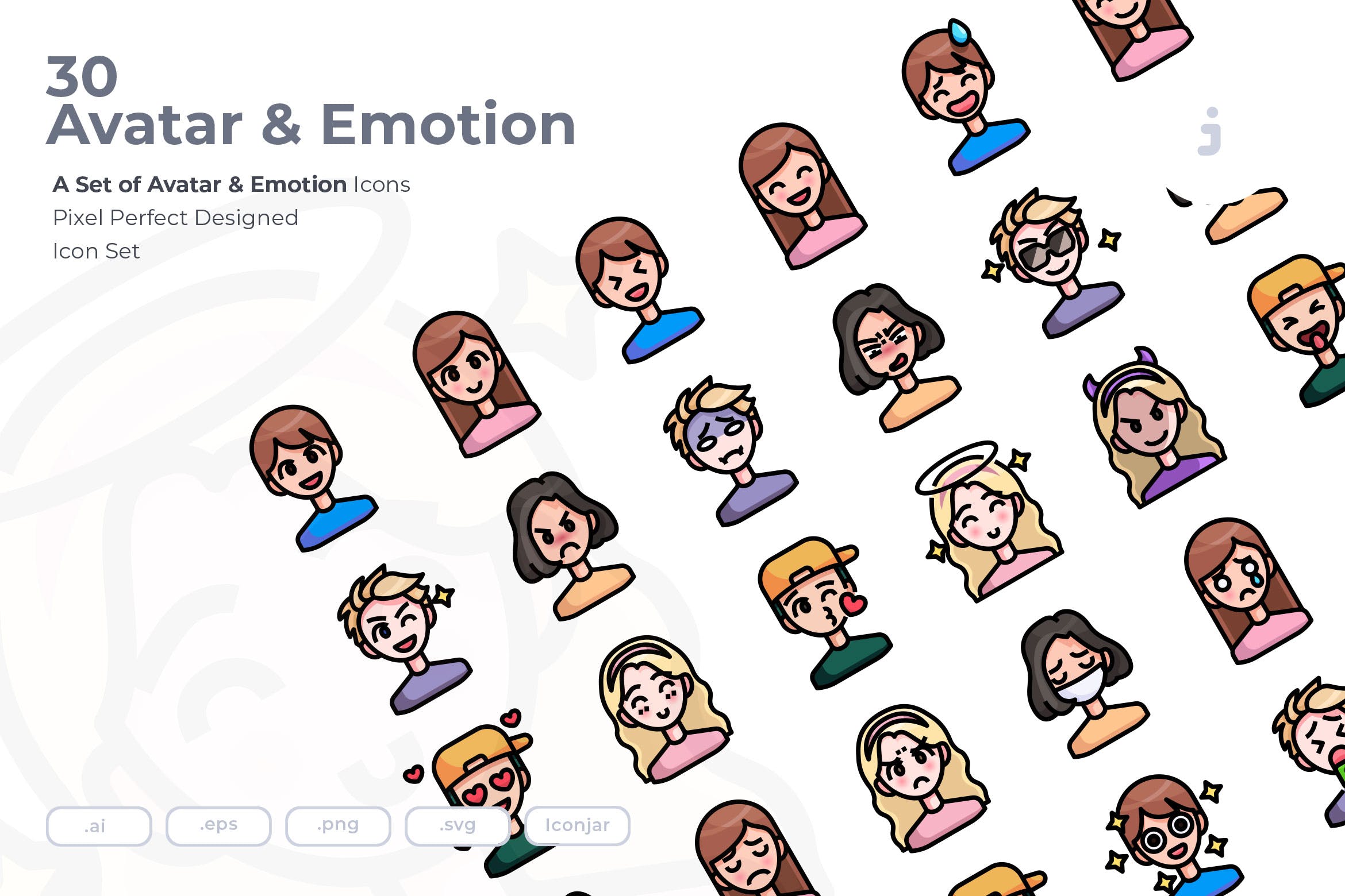 30枚彩色人物头像&表情矢量素材库精选图标 30 Avatar and Emotion Icons插图