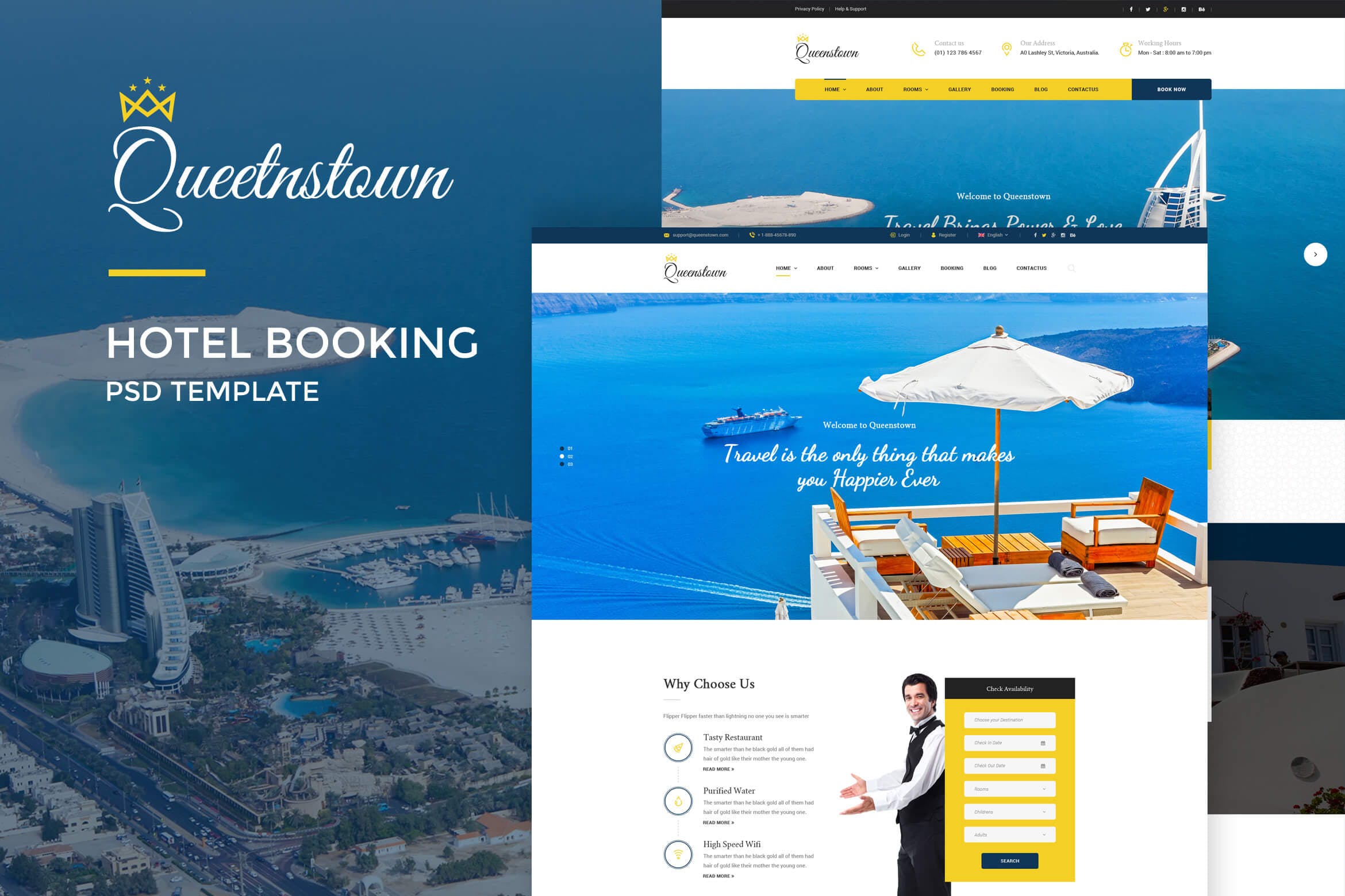 品牌酒店预订网站设计PSD模板 QueensTown : Hotel Booking PSD Template插图