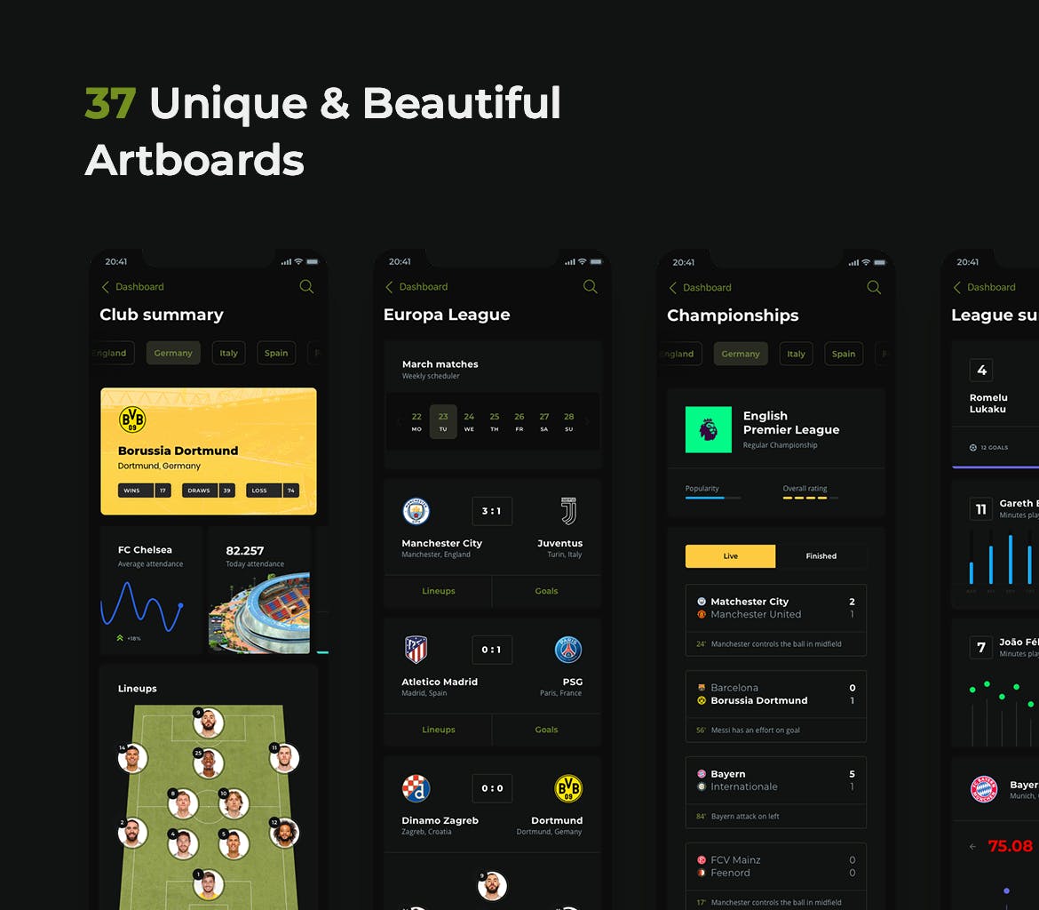 足球赛事APP应用UI设计非凡图库精选套件[黑暗模式版本] Soccer mobile app – Dark UI插图(1)