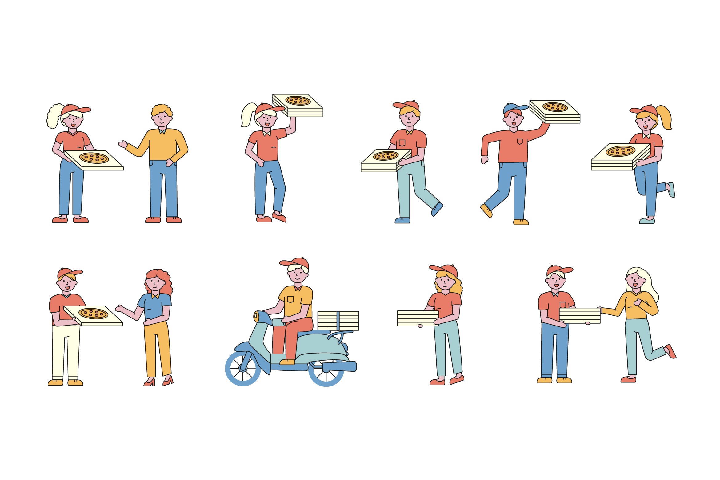 披萨送餐员人物形象线条艺术矢量插画素材库精选素材 Pizza delivery Lineart People Character Collection插图