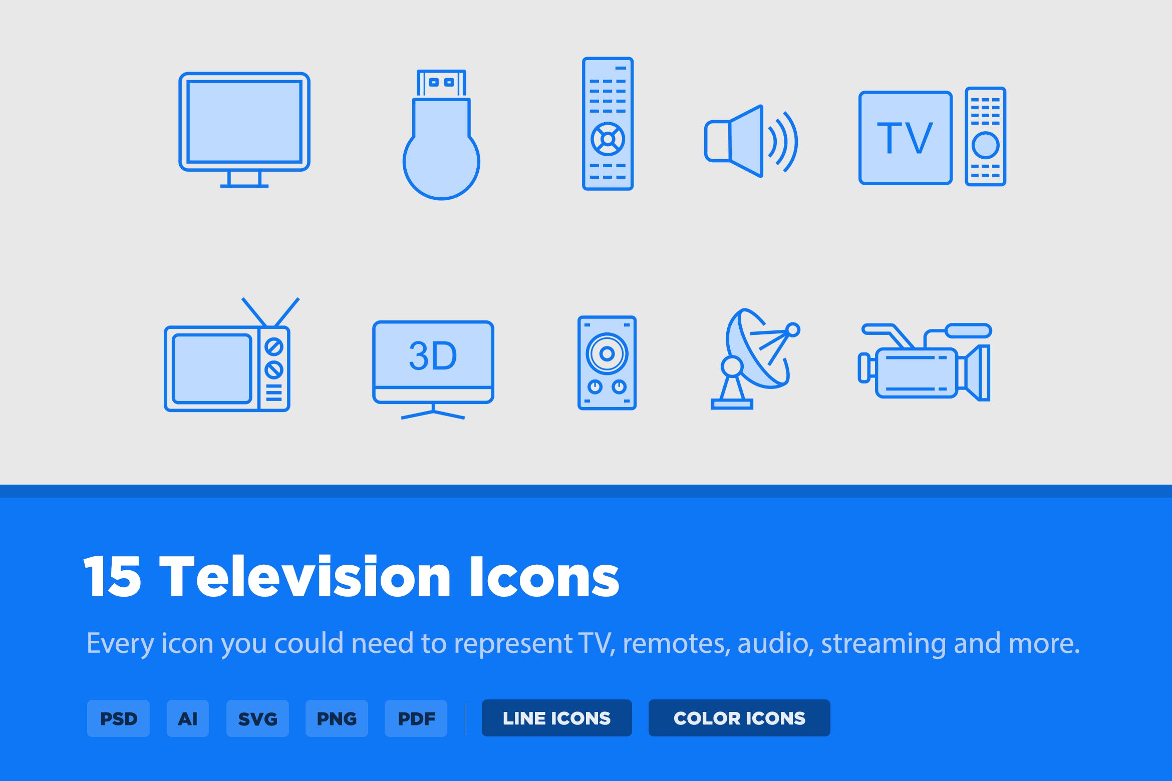 15枚TV&电视设备矢量线性素材库精选图标 15 TV & Television Icons插图