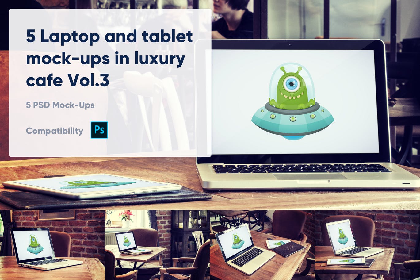 咖啡厅场景笔记本电脑&平板电脑屏幕预览16设计网精选样机v3 5 Laptop and tablet mock-ups in cafe Vol. 3插图