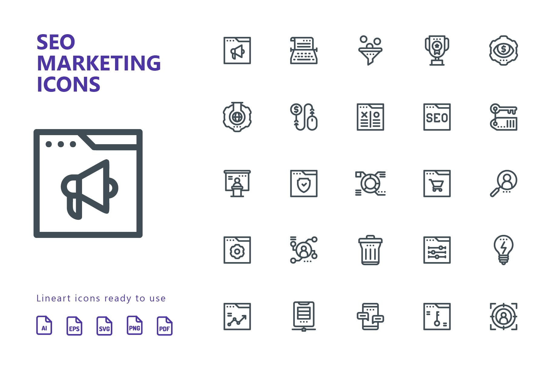 25枚SEO搜索引擎优化营销矢量线性素材库精选图标v2 SEO Marketing Line Icons插图(1)
