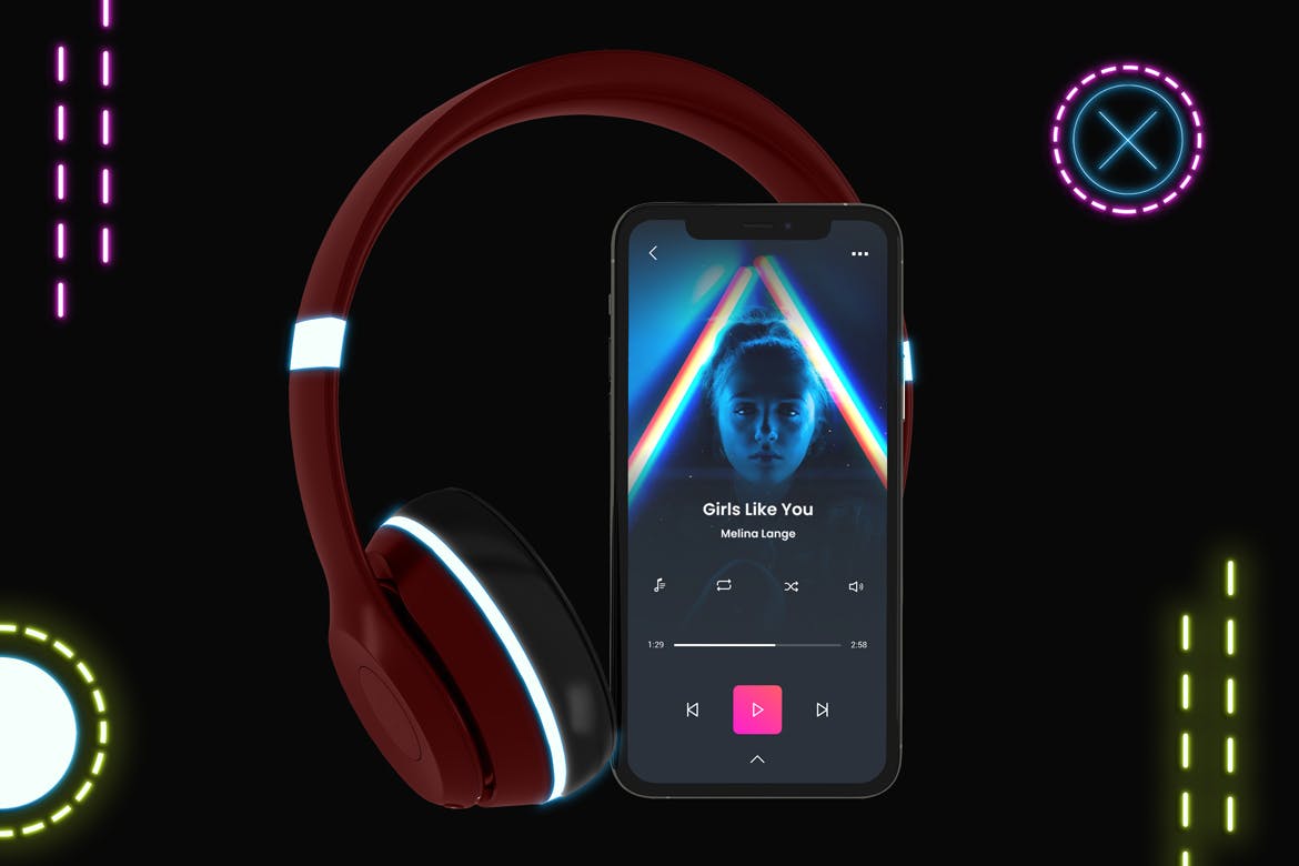 霓虹灯设计风格iPhone手机音乐APP应用UI设计图素材库精选样机 Neon iPhone Music App Mockup插图(2)