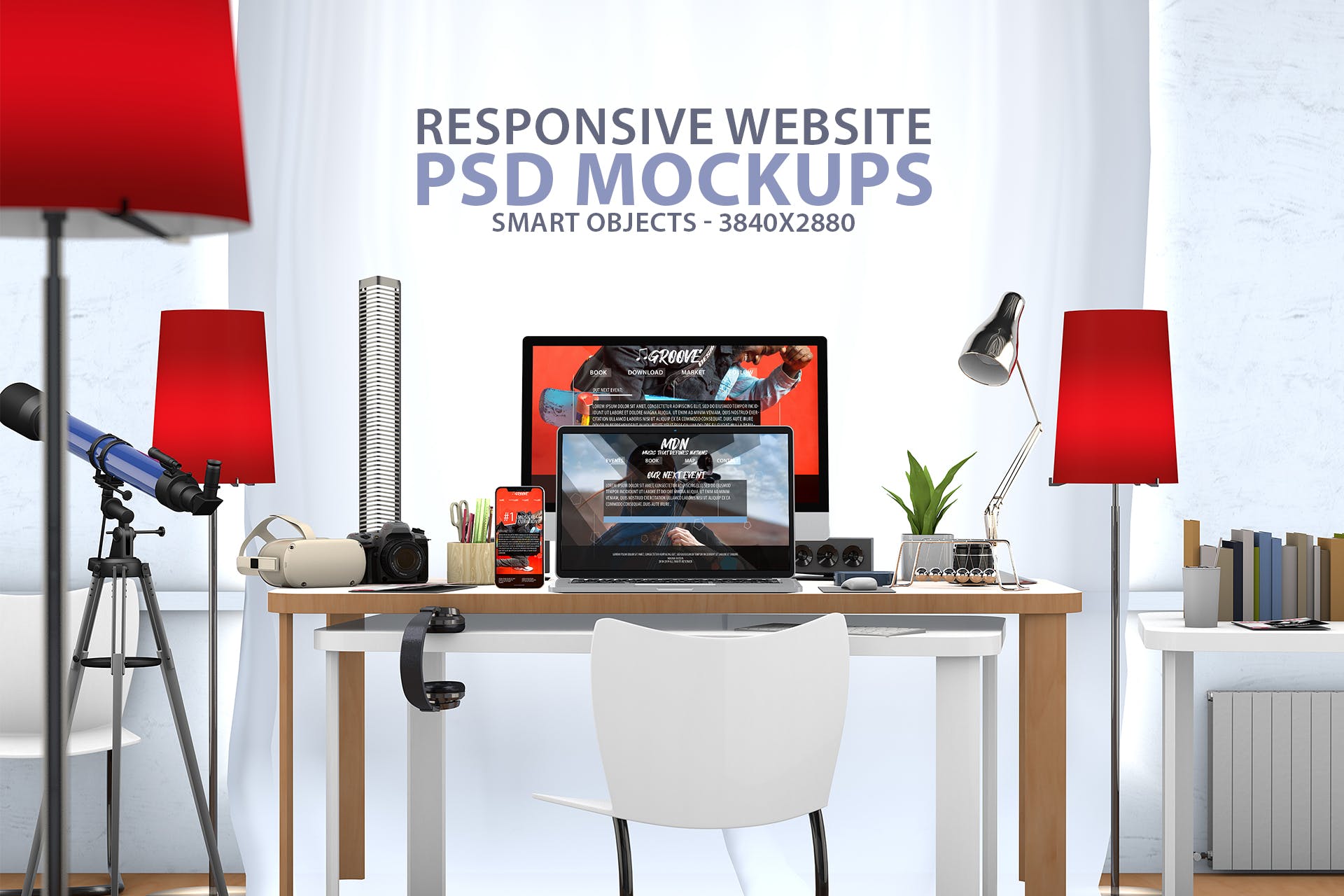 创意办公桌面响应式设计效果图预览样机素材库精选 Responsive Website PSD Mock-up Desk插图