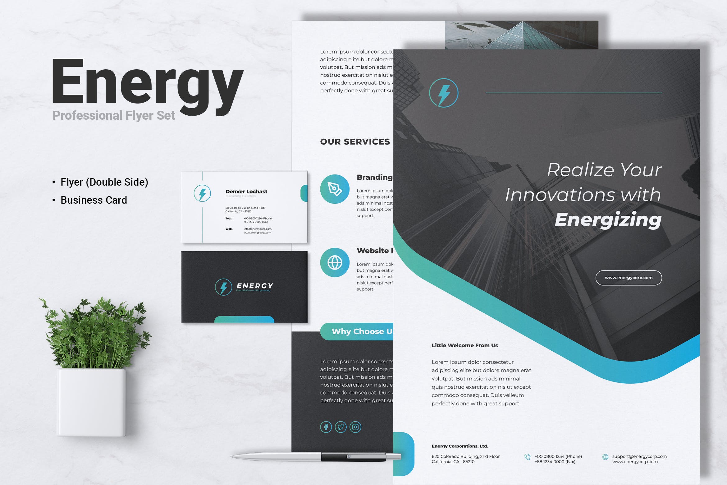 新能源发电厂/企业宣传海报传单&名片设计模板 ENERGY Power Plant Flyer & Business Card插图