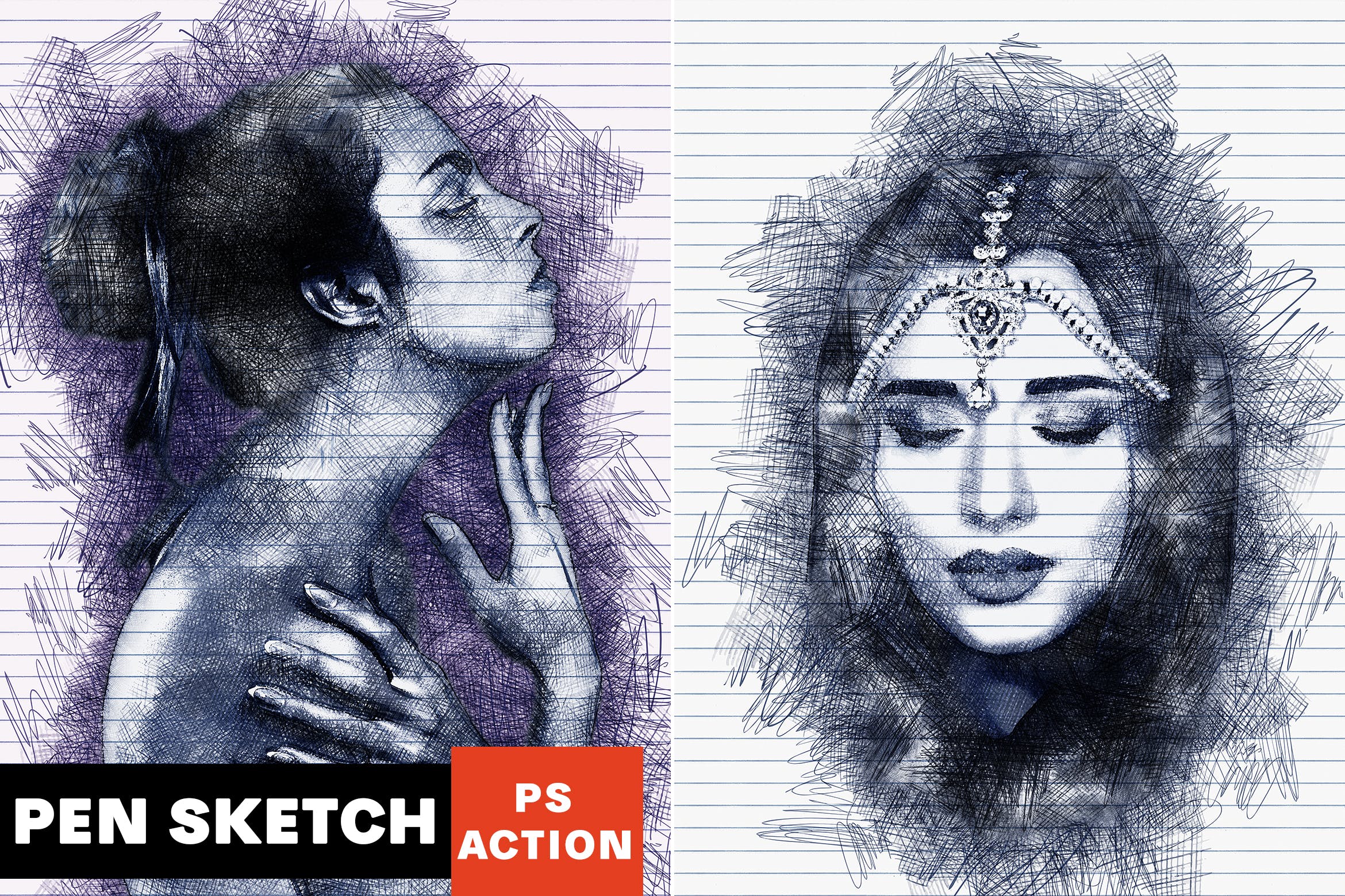逼真铅笔素描手绘艺术效果16图库精选PS动作 Pen Sketch Photoshop Action插图