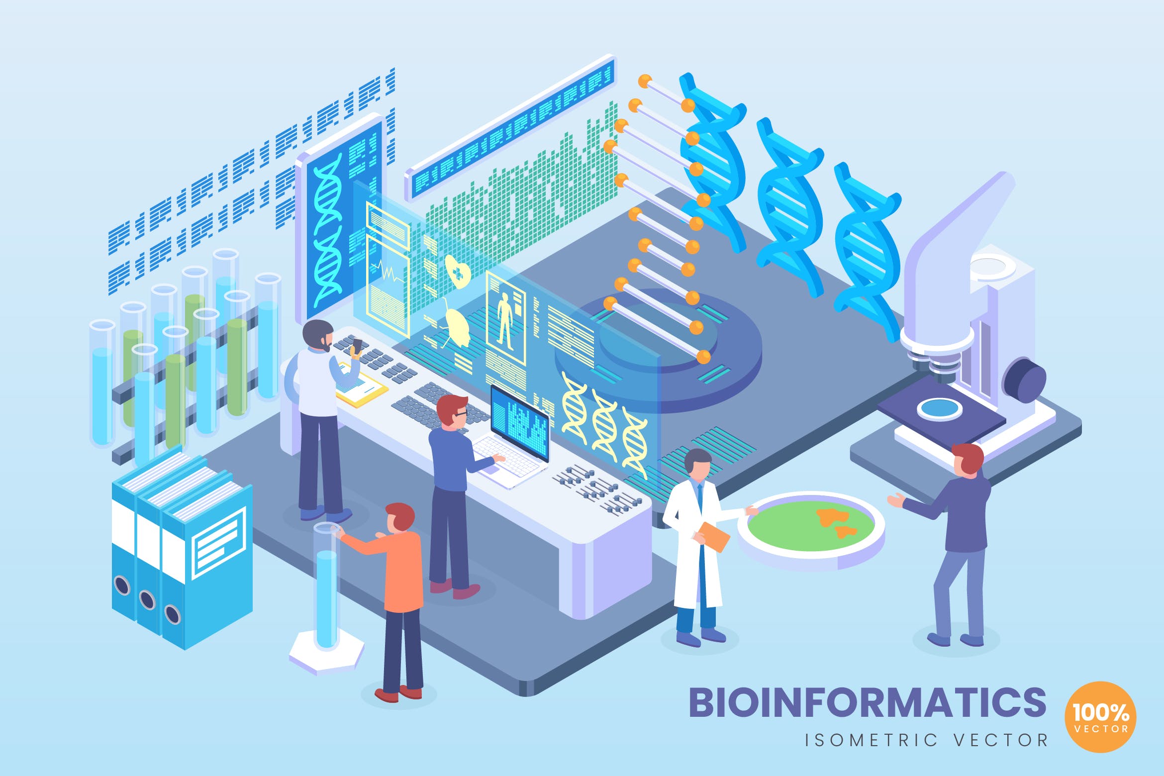 生物信息技术等距矢量16图库精选科技概念插画 Isometric Bioinformatics Technology Vector Concept插图