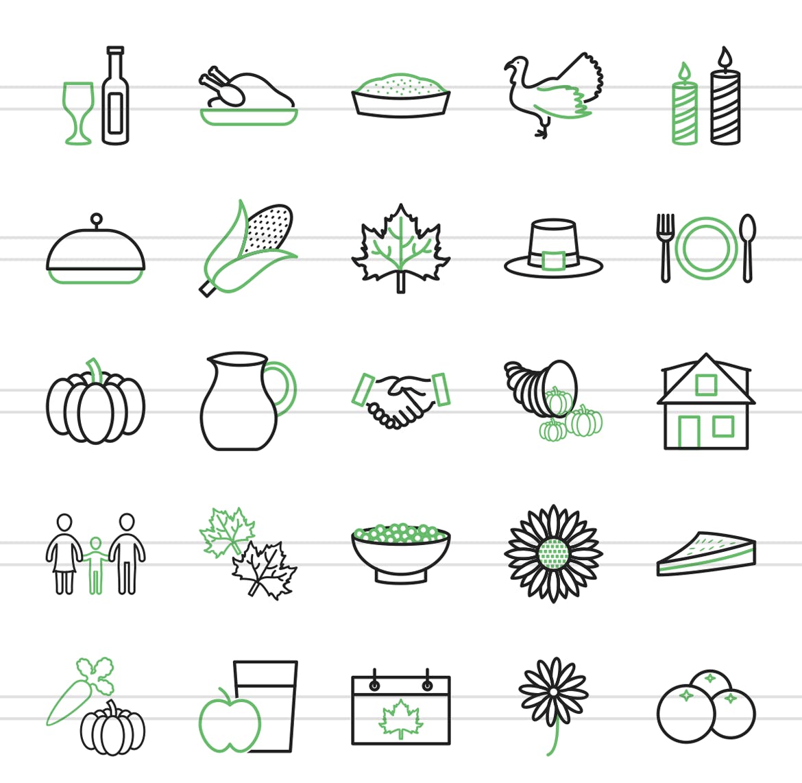 50枚感恩节主题绿黑配色矢量线性非凡图库精选图标 50 Thanksgiving Line Green & Black Icons插图(1)