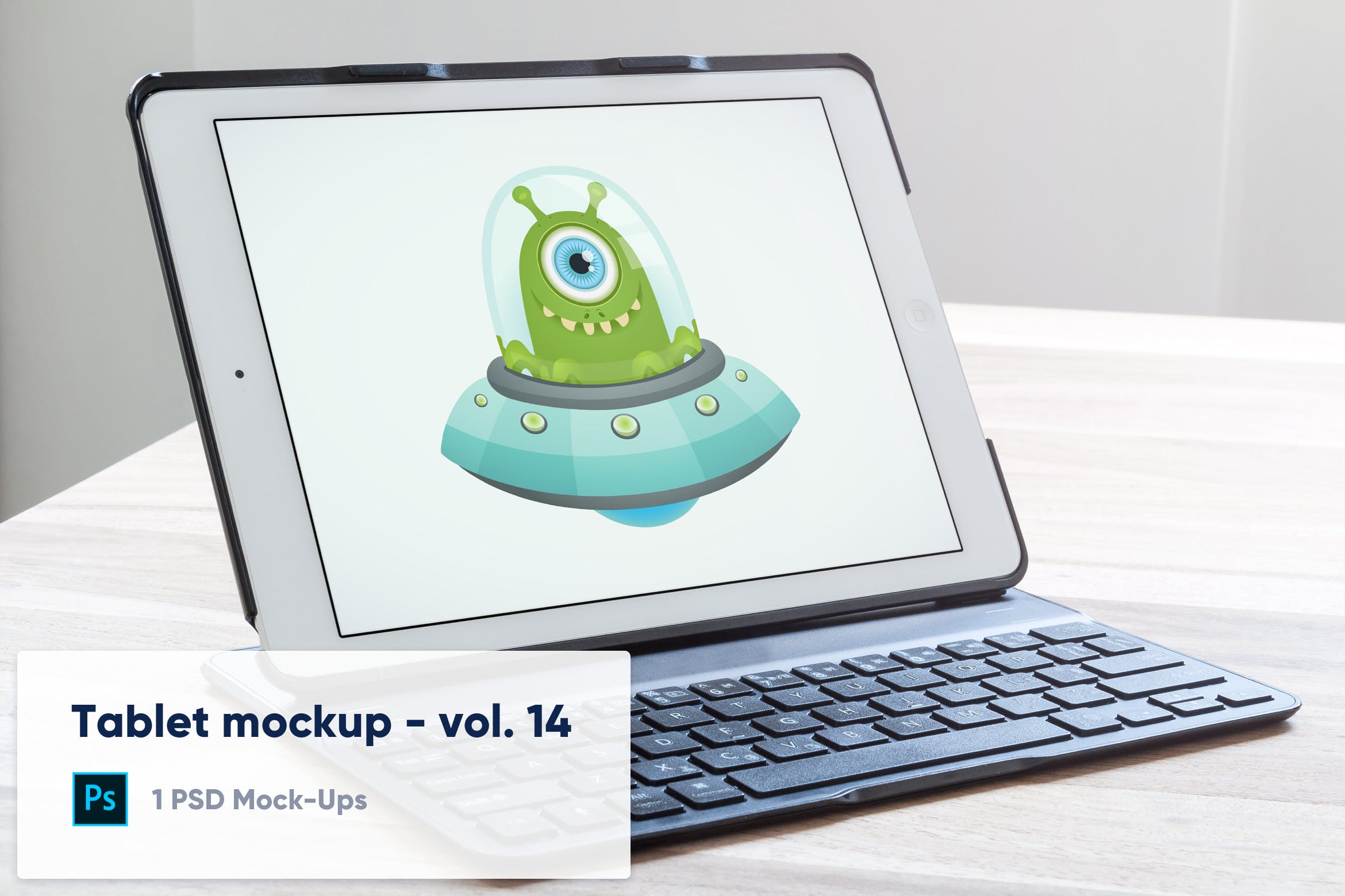 便捷键盘保护套平板电脑屏幕展示16设计网精选样机模板v14 Tablet in Keyboard Case on Desk Mockup – Vol. 14插图