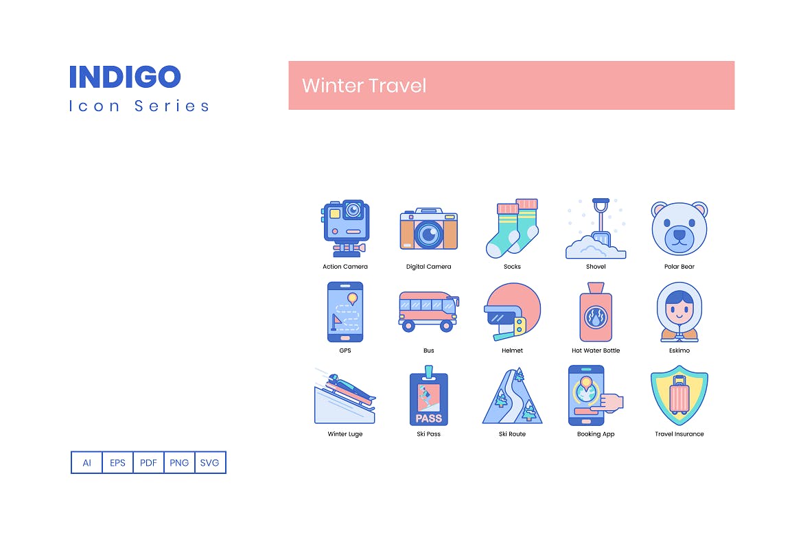 95枚靛蓝配色冬季旅行主题矢量非凡图库精选图标合集 95 Winter Travel Icons | Indigo Series插图(5)