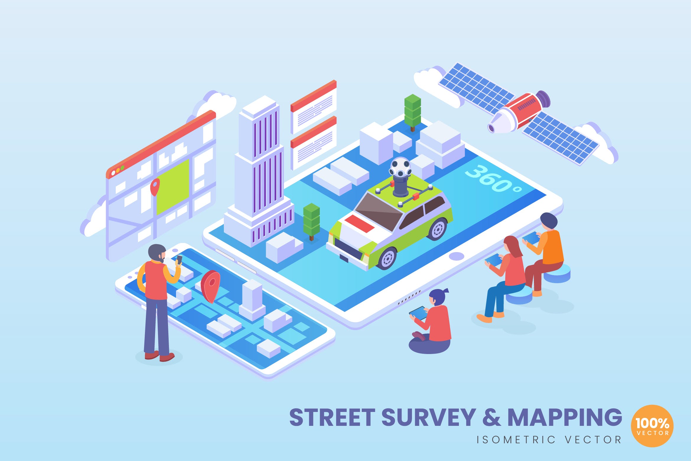 街道测量与地图绘制技术等距矢量科技非凡图库精选概念插画 Isometric Street Survey And Mapping Vector Concept插图