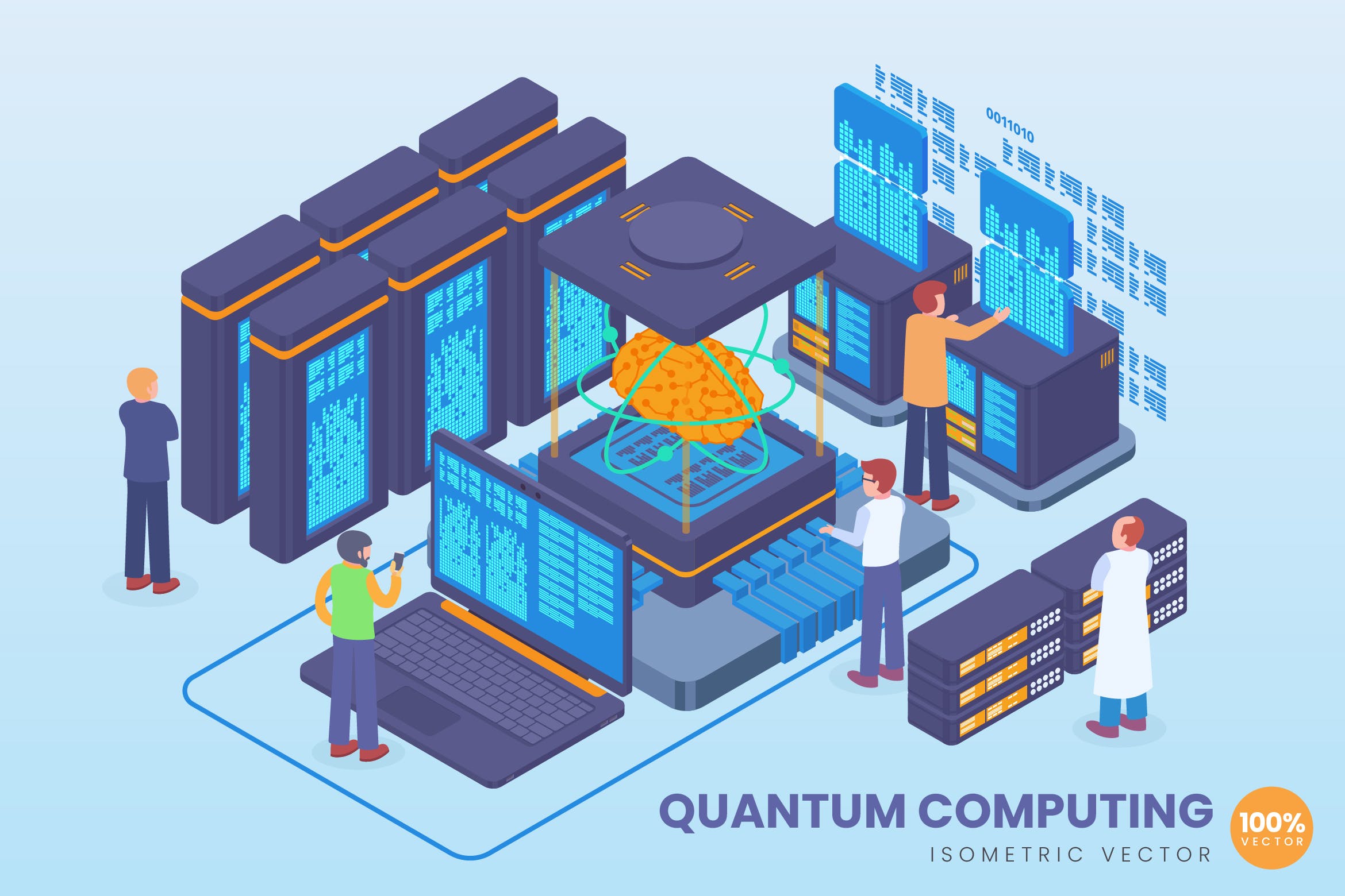 量子计算技术等距矢量科技普贤居精选概念插画 Isometric Quantum Computing Vector Concept插图