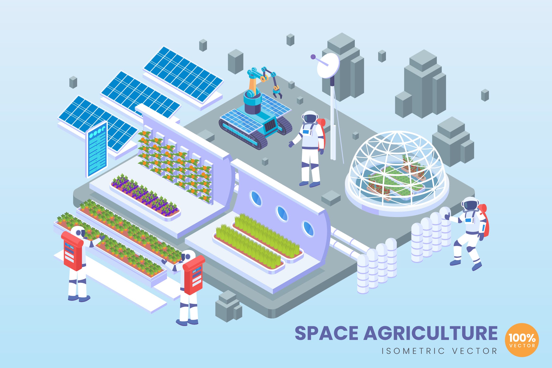太空农业技术等距矢量普贤居精选科技概念插画 Isometric Space Agriculture Technology Vector插图