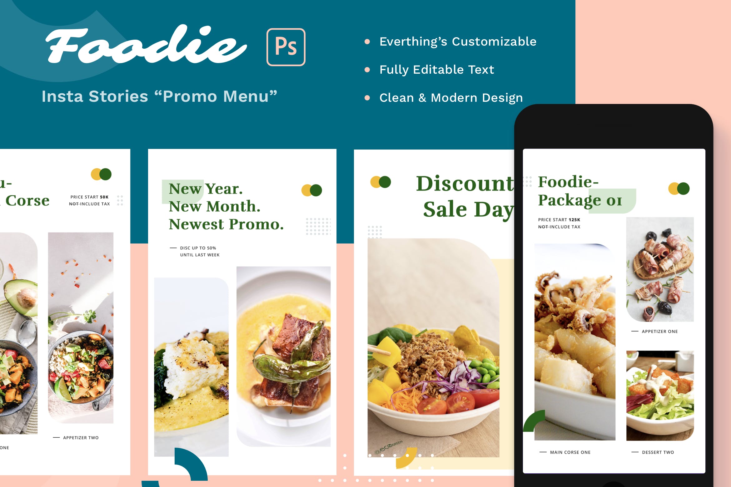 美食餐厅促销产品菜单贴图设计模板 Foodie Stories – Promo Menu插图