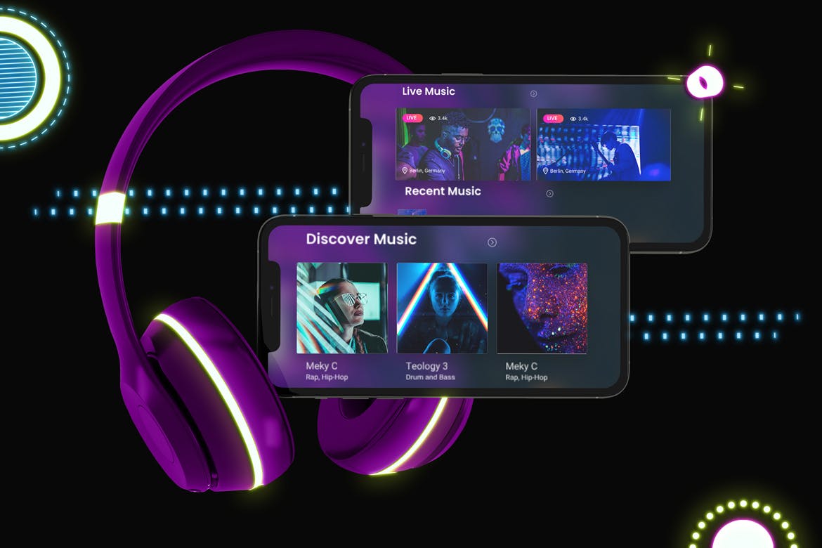 霓虹灯设计风格iPhone手机音乐APP应用UI设计图普贤居精选样机 Neon iPhone Music App Mockup插图(5)