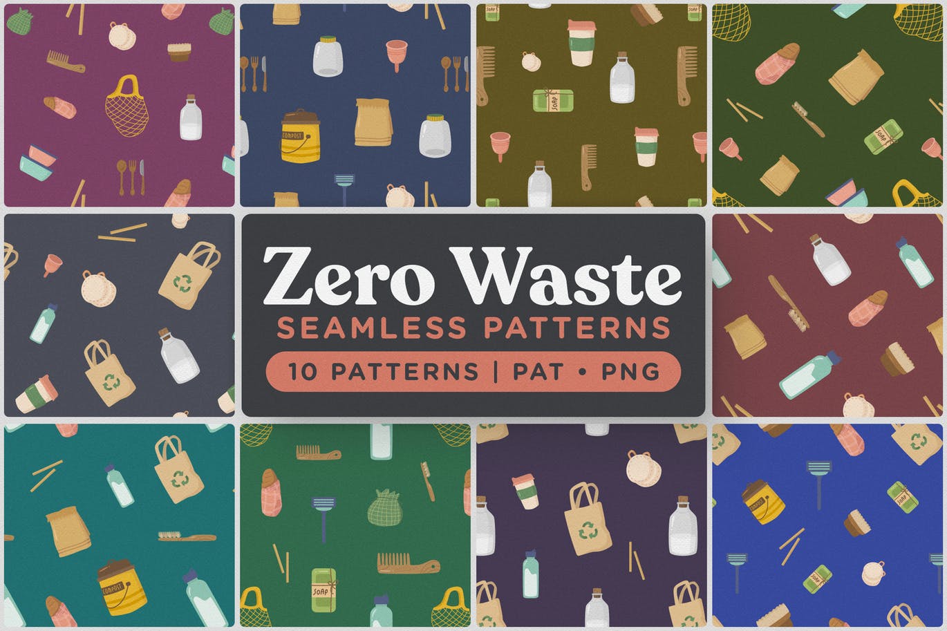环保餐具环保主义主题无缝图案背景素材库精选 Zero Waste Seamless Patterns插图