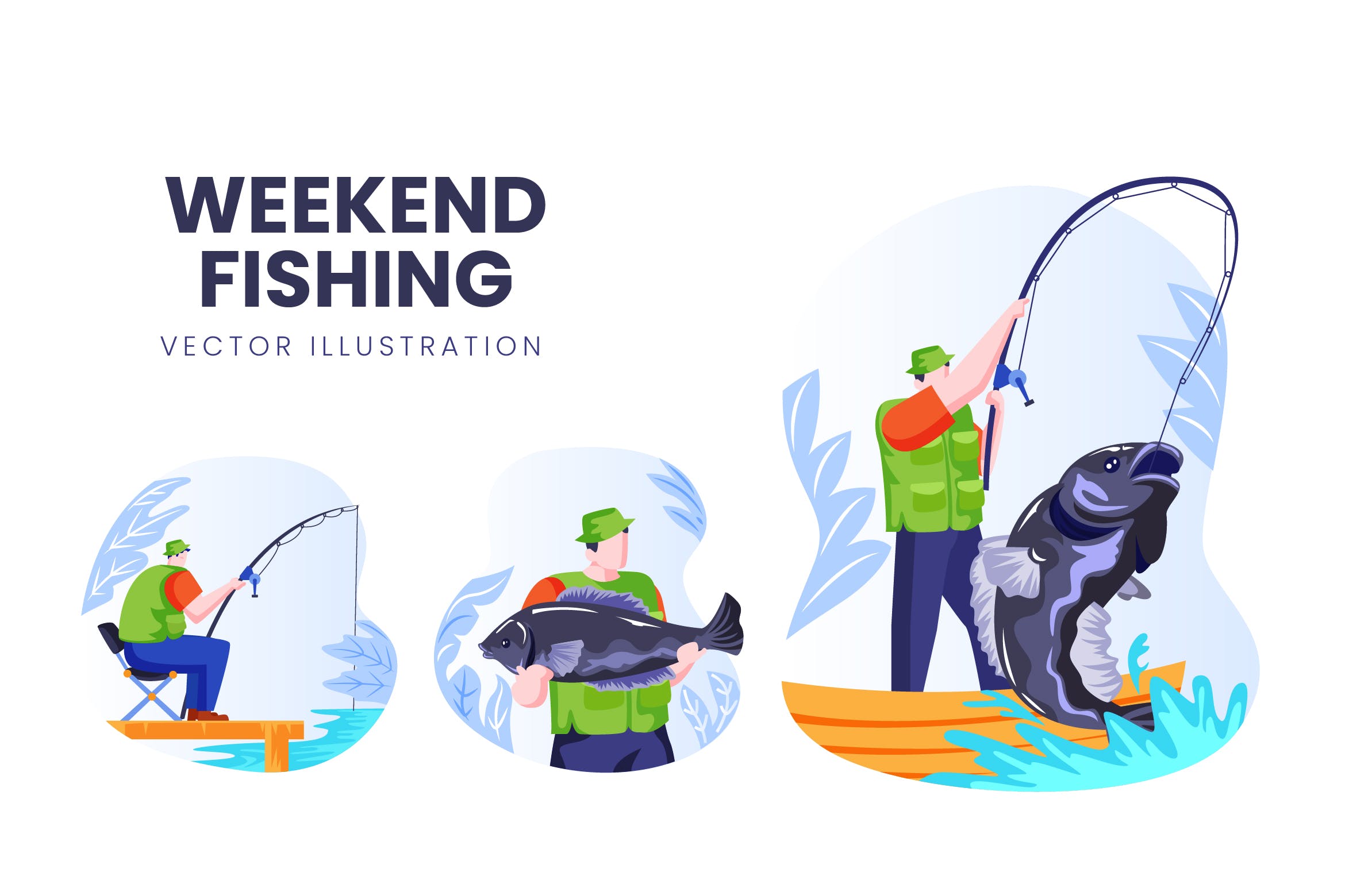 钓鱼爱好者人物形象普贤居精选手绘插画矢量素材 Weekend Fishing Vector Character Set插图