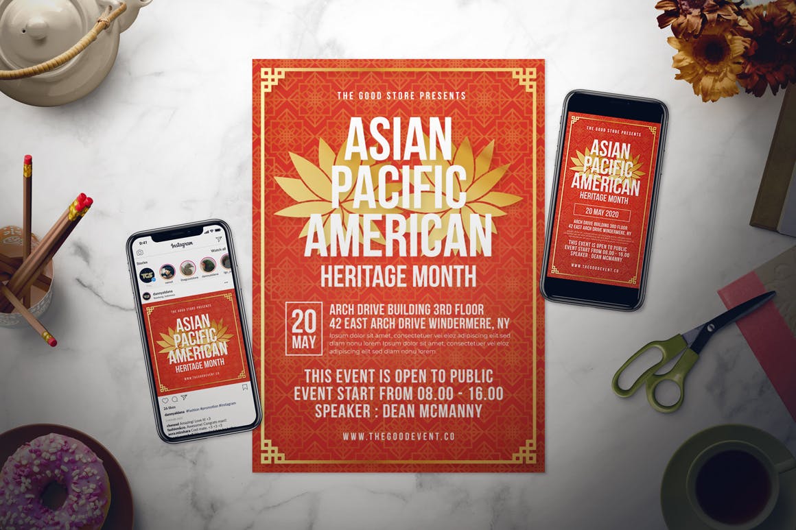 非物质文化遗产主题大会海报传单素材库精选PSD模板 Asian Pacific American Heritage Month Flyer Set插图(1)