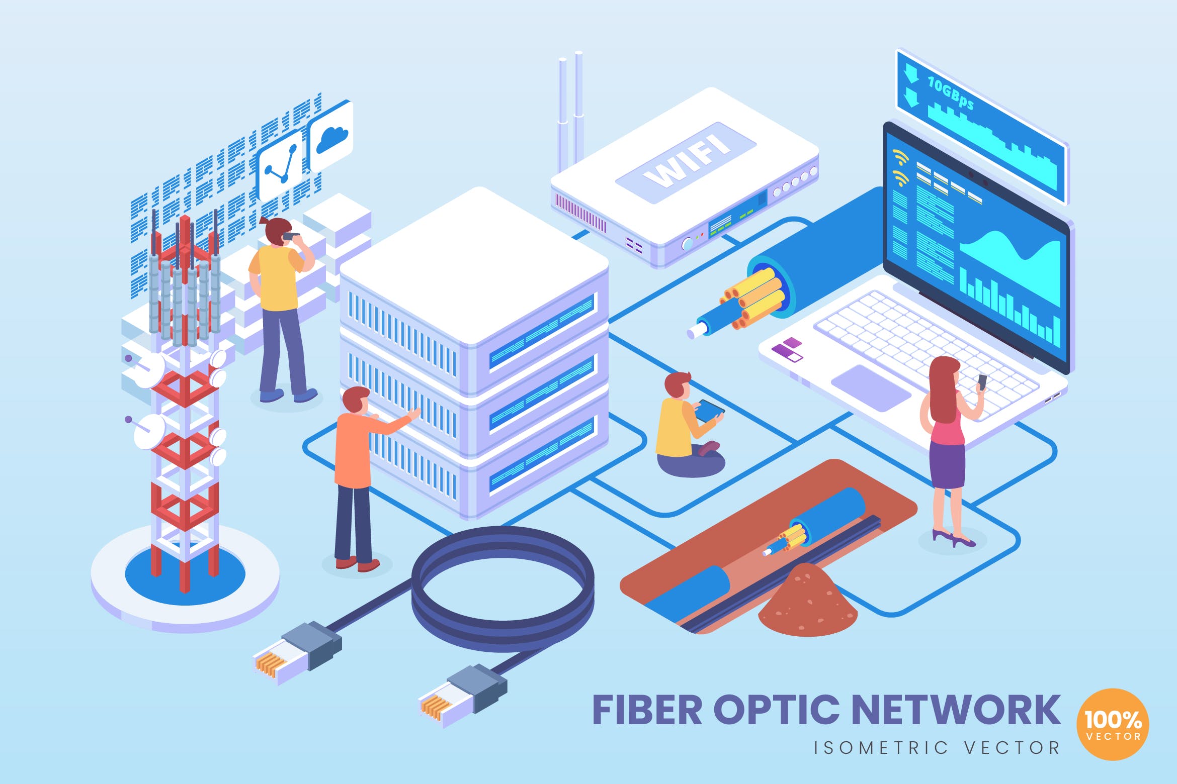 光纤网络主题等距矢量普贤居精选科技概念插画 Isometric Fiber Optic Network Vector Concept插图