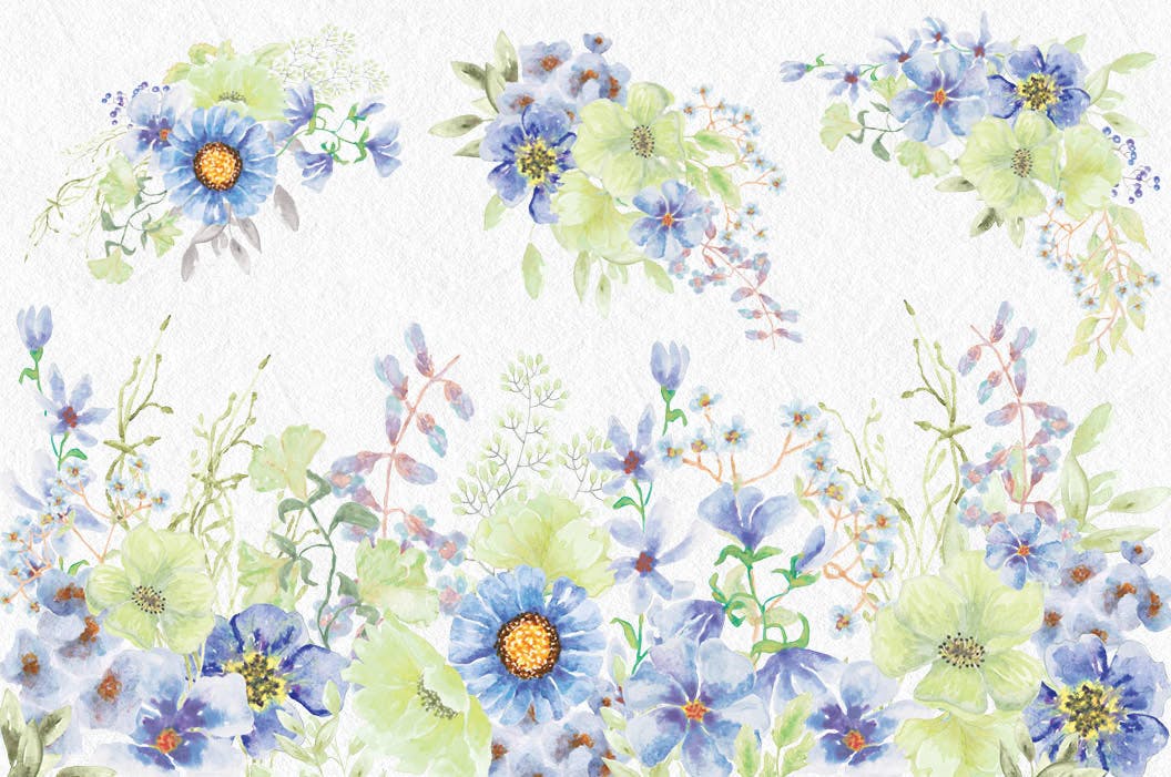 忧郁蓝水彩手绘花卉素材库精选设计素材 “Moody Blue” Watercolor Bundle插图(2)