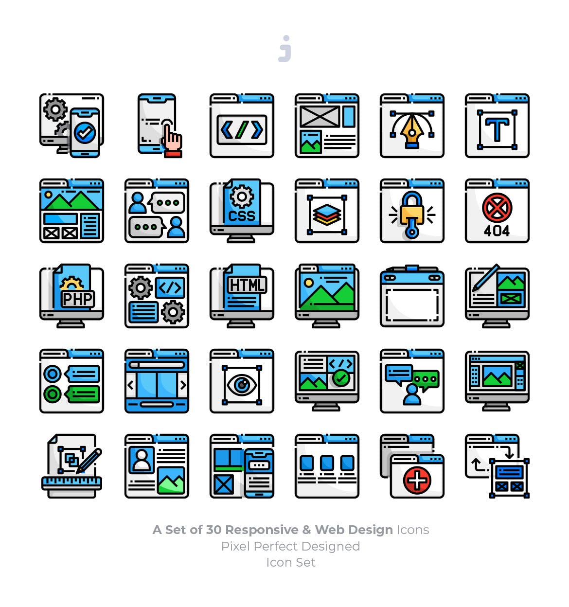 30枚彩色响应式网站设计矢量非凡图库精选图标 30 Responsive & Web Design Icons插图(1)