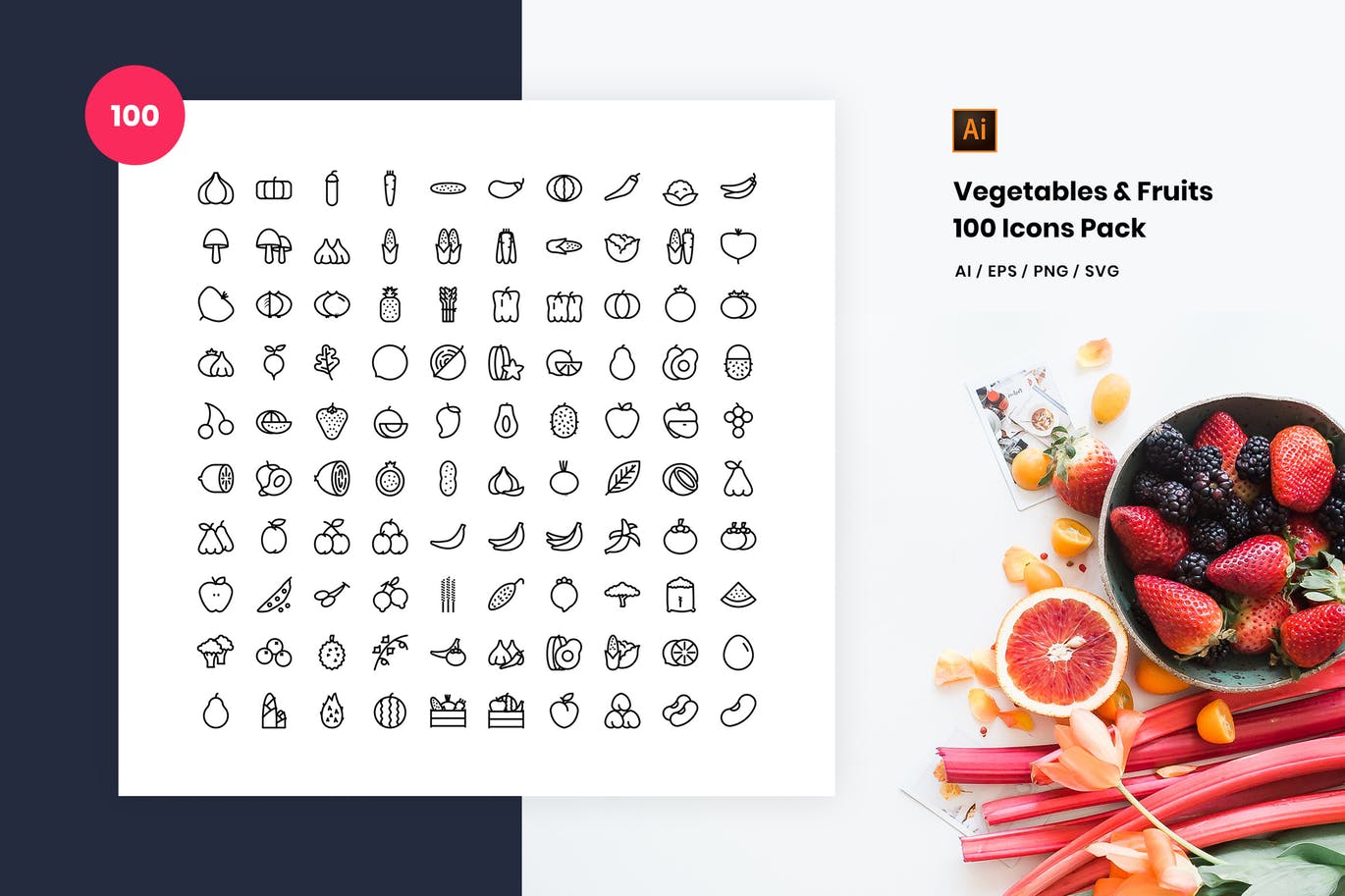 100枚蔬菜&水果主题矢量素材库精选图标 Vegetables and Fruits 100 Icon Pack插图