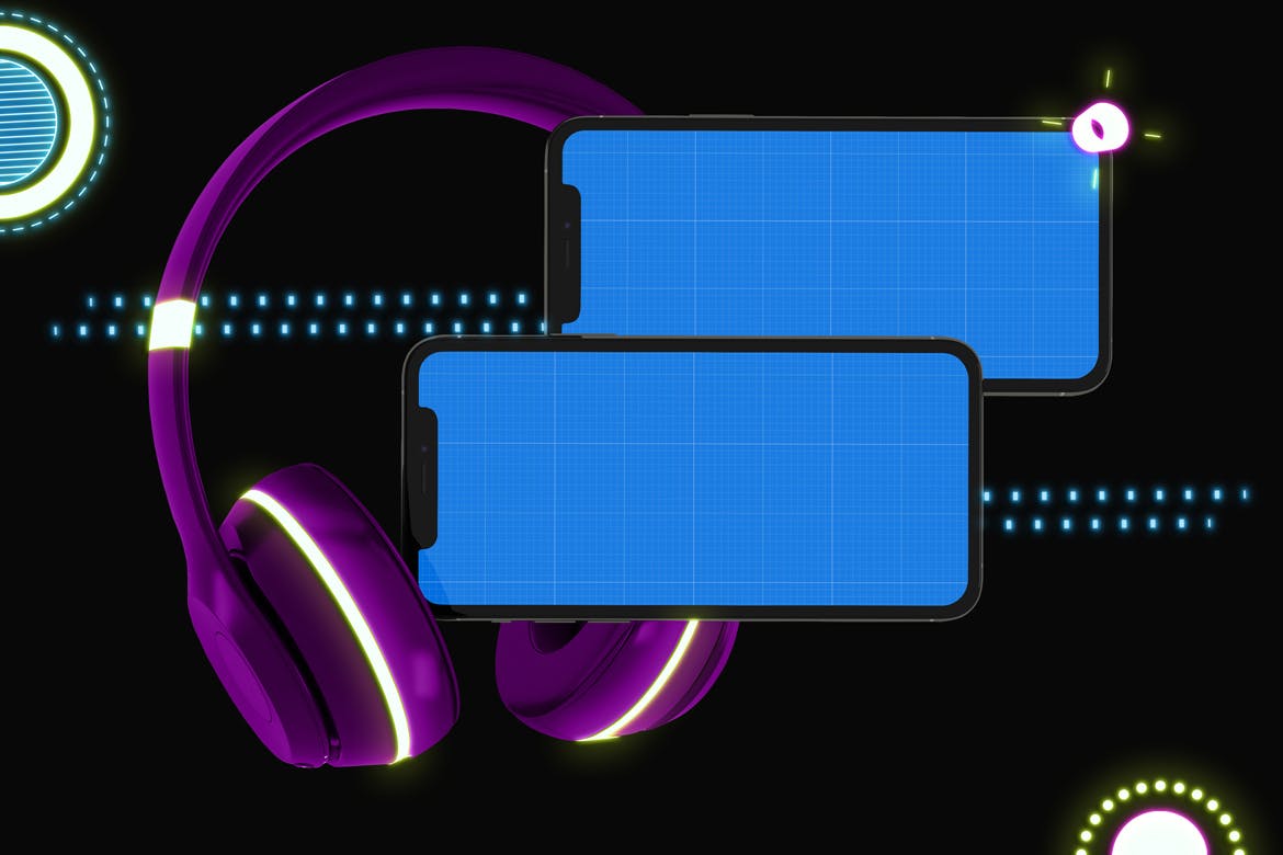霓虹灯设计风格iPhone手机音乐APP应用UI设计图普贤居精选样机 Neon iPhone Music App Mockup插图(10)