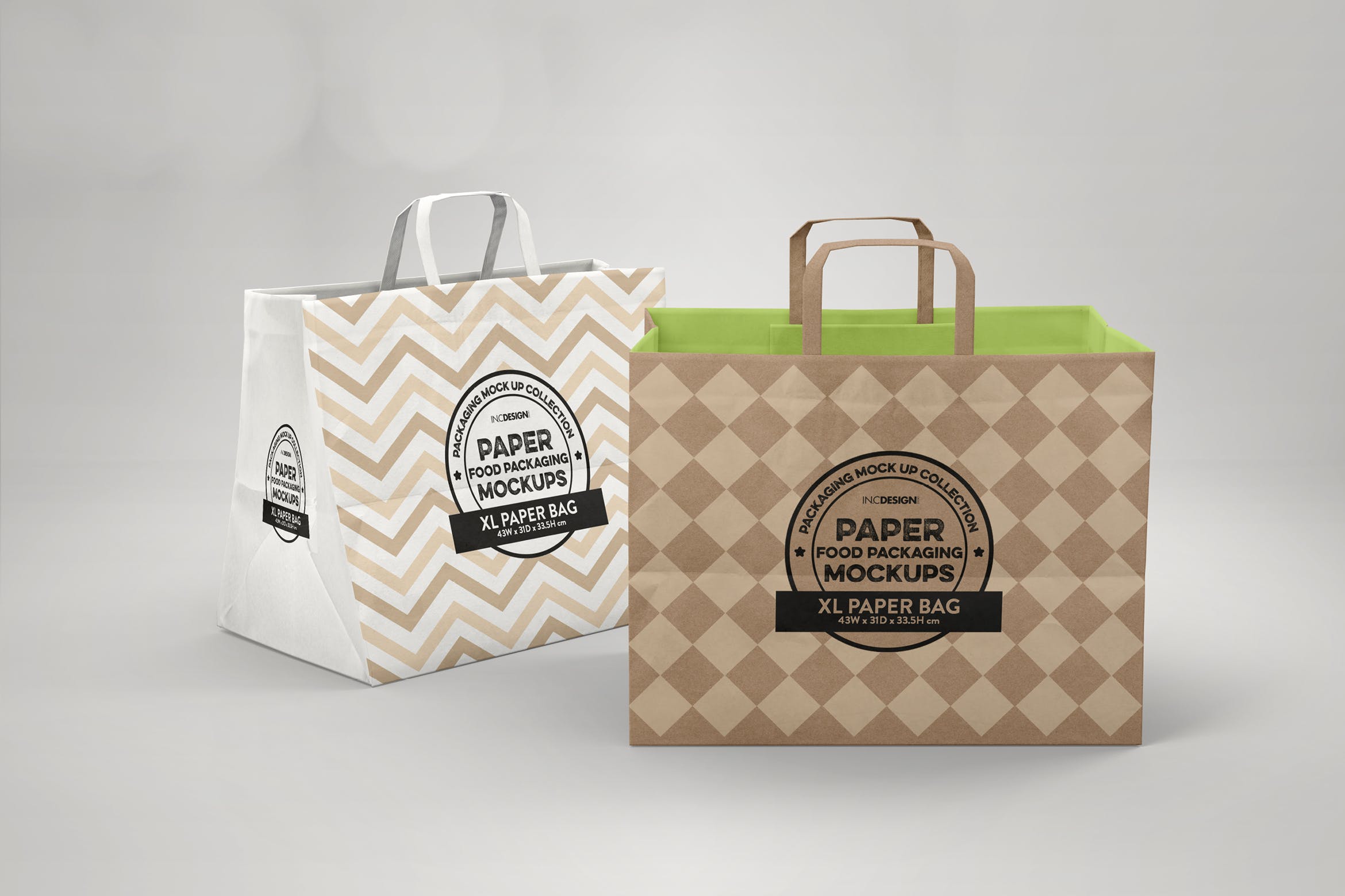 加大型购物纸袋设计图素材库精选模板 XL Paper Bags with Flat Handles Mockup插图