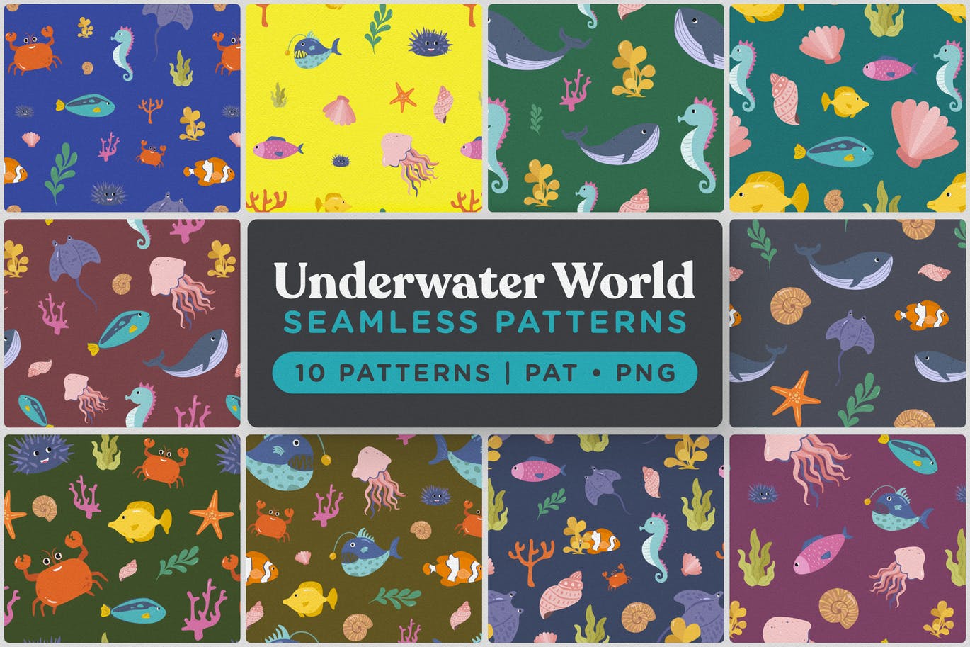 海底世界海底动物主题手绘图案无缝背景素材 Underwater World Seamless Patterns插图