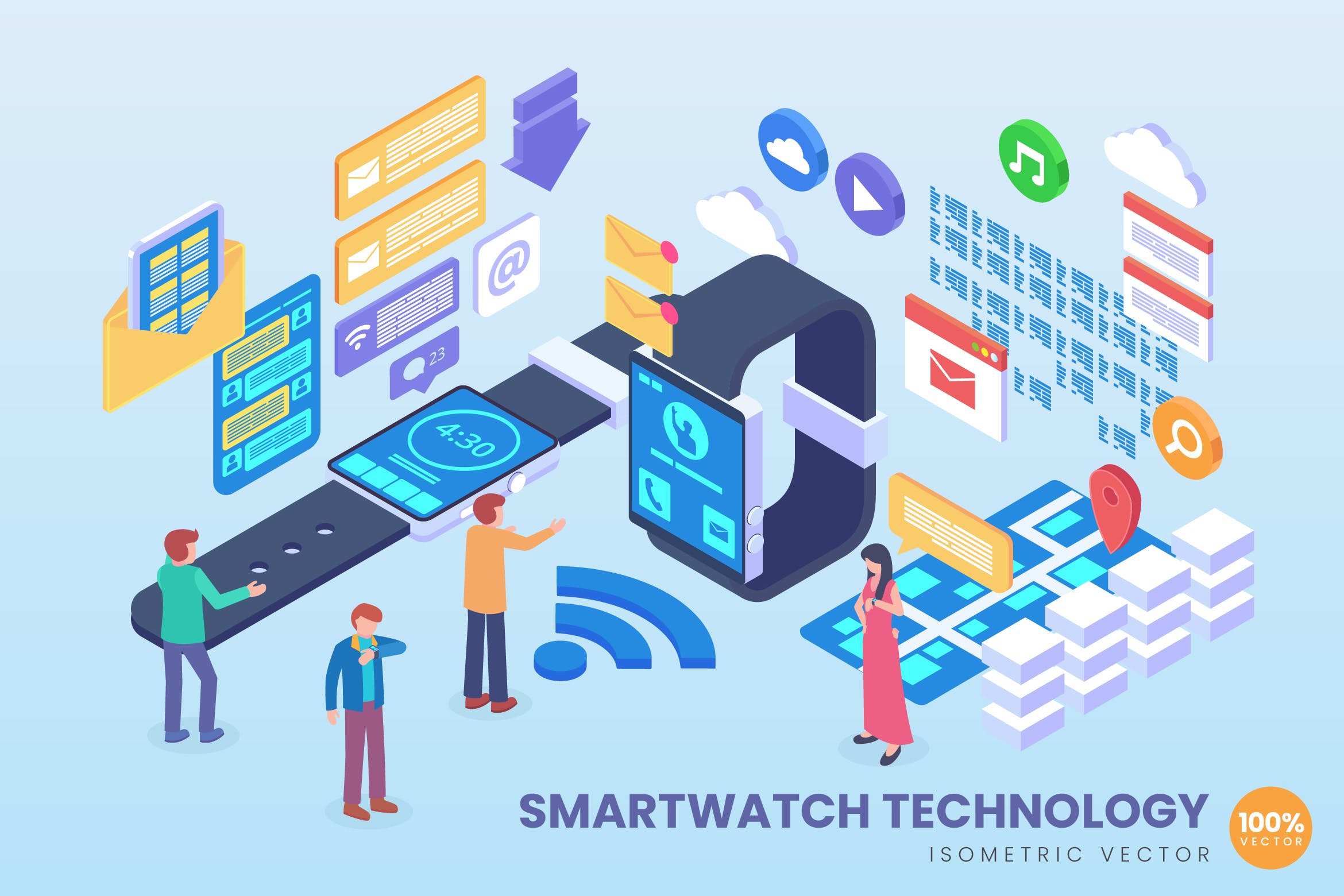 智能手表技术等距矢量普贤居精选科技概念插画 Isometric Smart Watch Technology Vector Concept插图