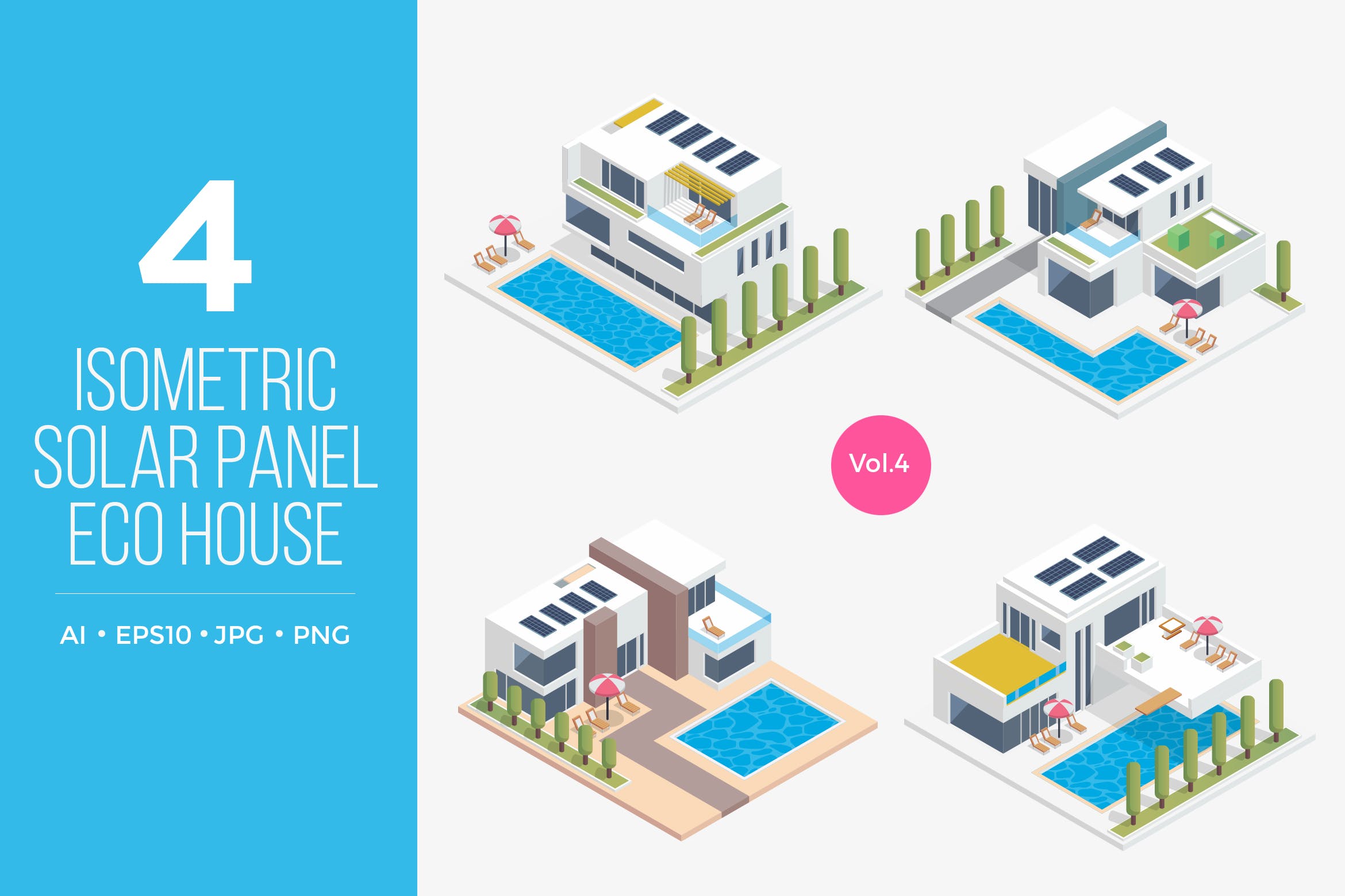 太阳能电池发电房屋等距矢量图形v4 Isometric Solar Panel Eco House Vector Set 4插图