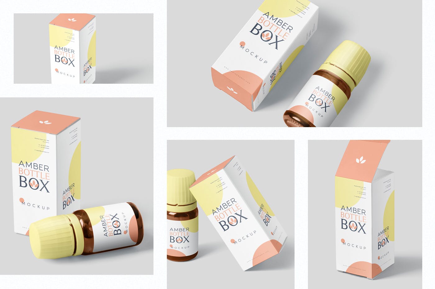 药物瓶&包装纸盒设计图素材中国精选模板 Amber Bottle Box Mockup Set插图(1)