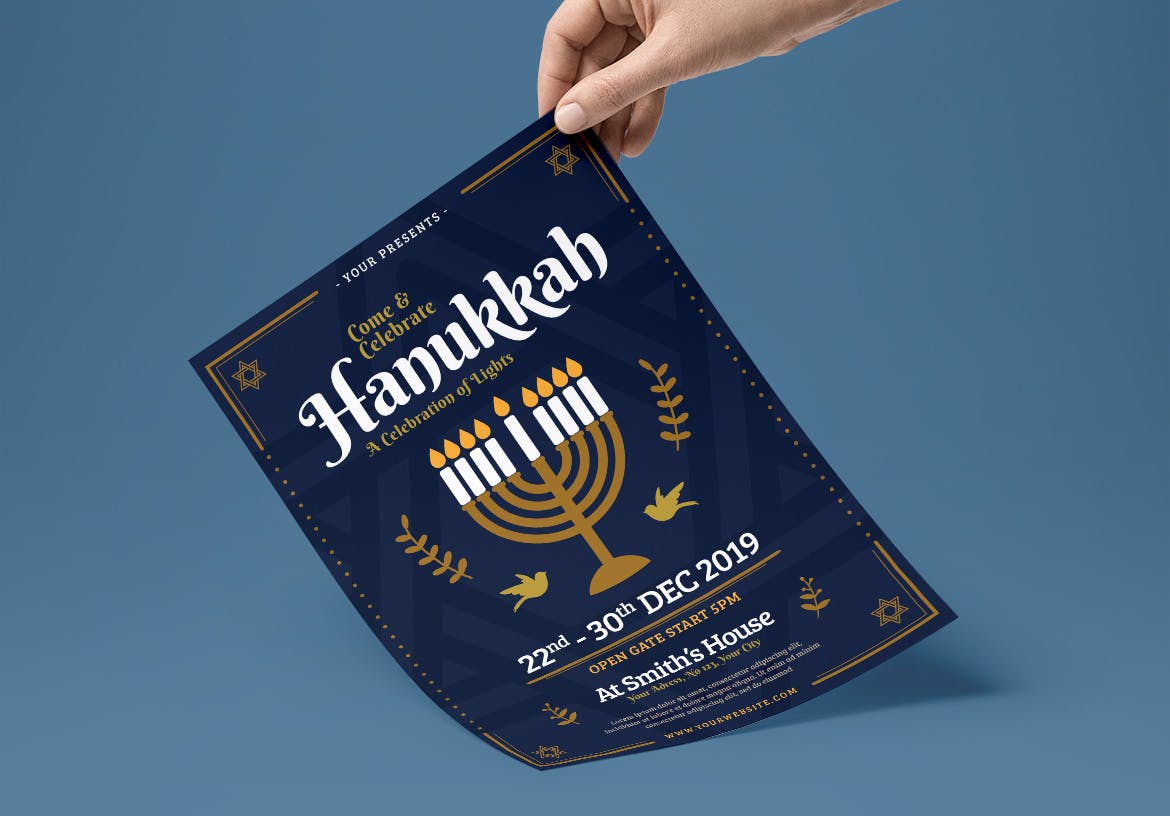 犹太人传统节日光明节活动海报传单非凡图库精选PSD模板 Hanukkah Flyer插图(1)