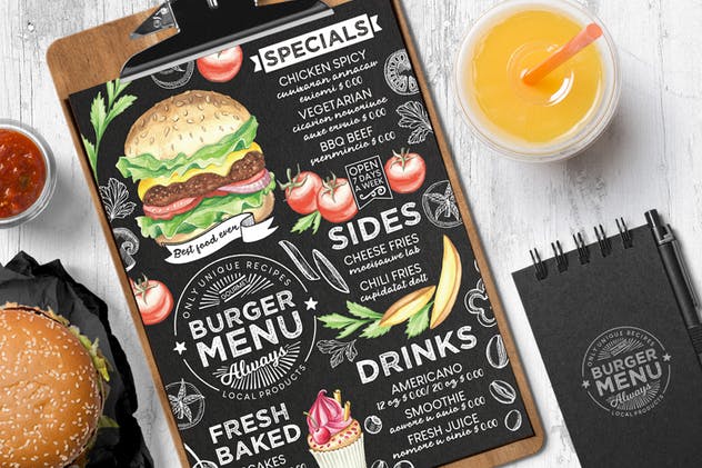 汉堡店黑板画设计风格食品菜单模板 Burger Food Menu插图(2)