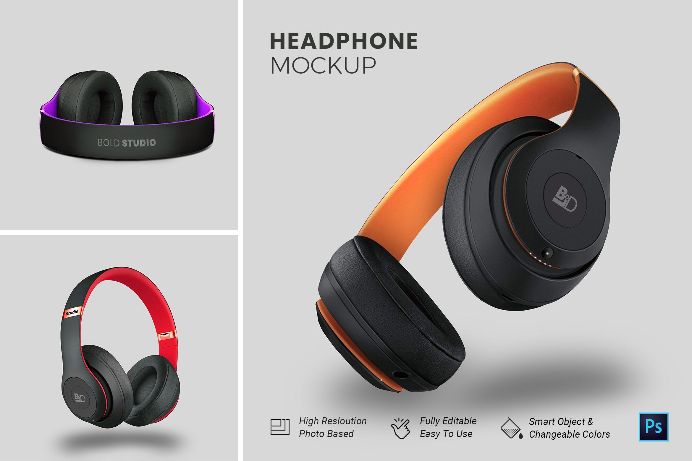 头戴式耳机设计效果图素材中国精选样机模板 HeadPhone Mockup插图