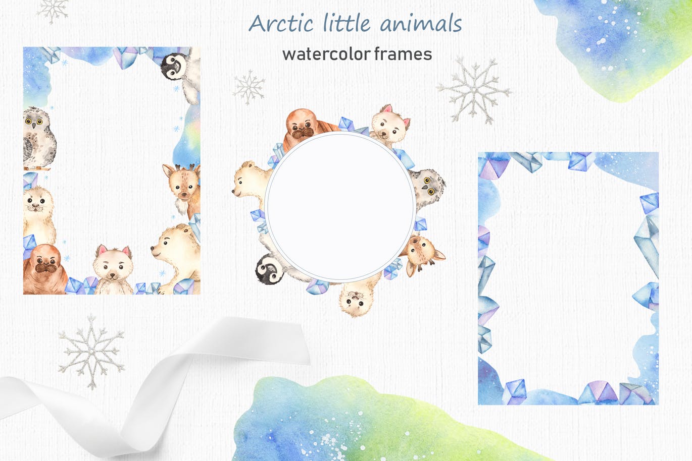 北极小动物水彩手绘剪贴画＆卡片素材 Watercolor Arctic little animals Clipart cards插图(4)