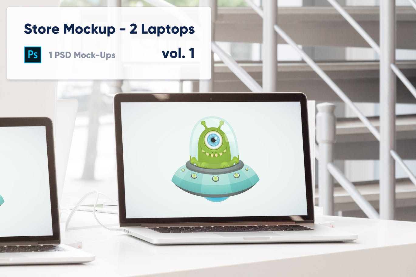 零售店场景笔记本电脑屏幕预览素材库精选样机模板v1 Laptops Mockup in the Store – Vol. 1插图