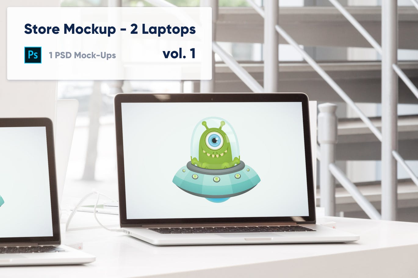 零售店场景笔记本电脑屏幕预览普贤居精选样机模板v1 Laptops Mockup in the Store – Vol. 1插图