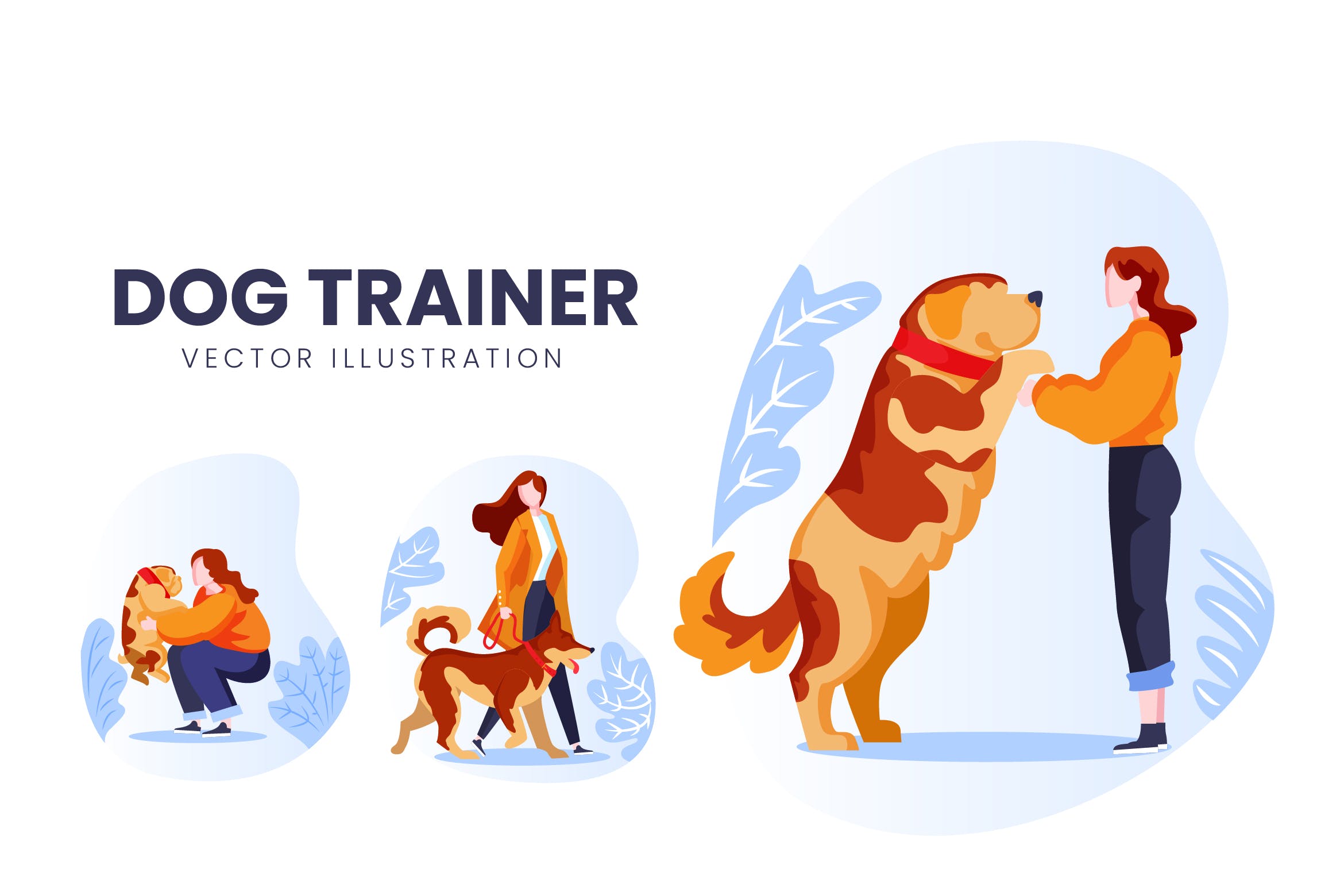 训犬员人物形象非凡图库精选手绘插画矢量素材 Dog Trainer Vector Character Set插图