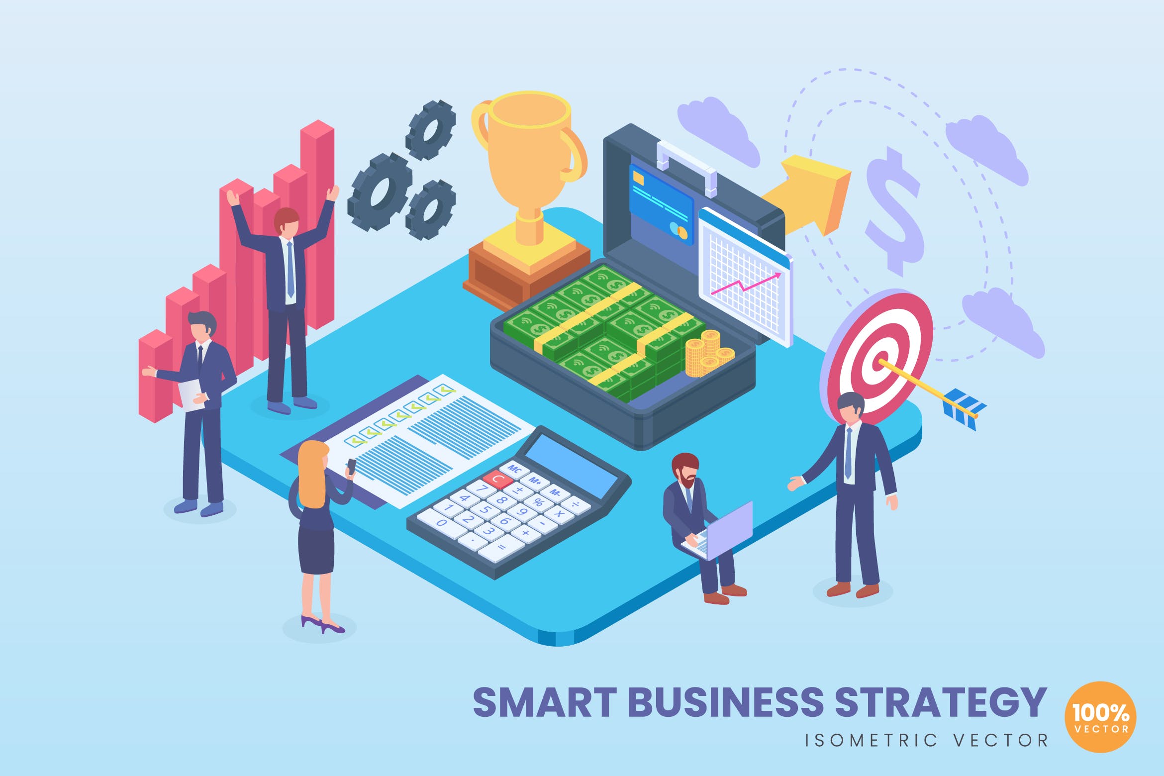 智能商业战略主题等距素材库精选概念插画 Isometric Smart Business Strategy Vector Concept插图