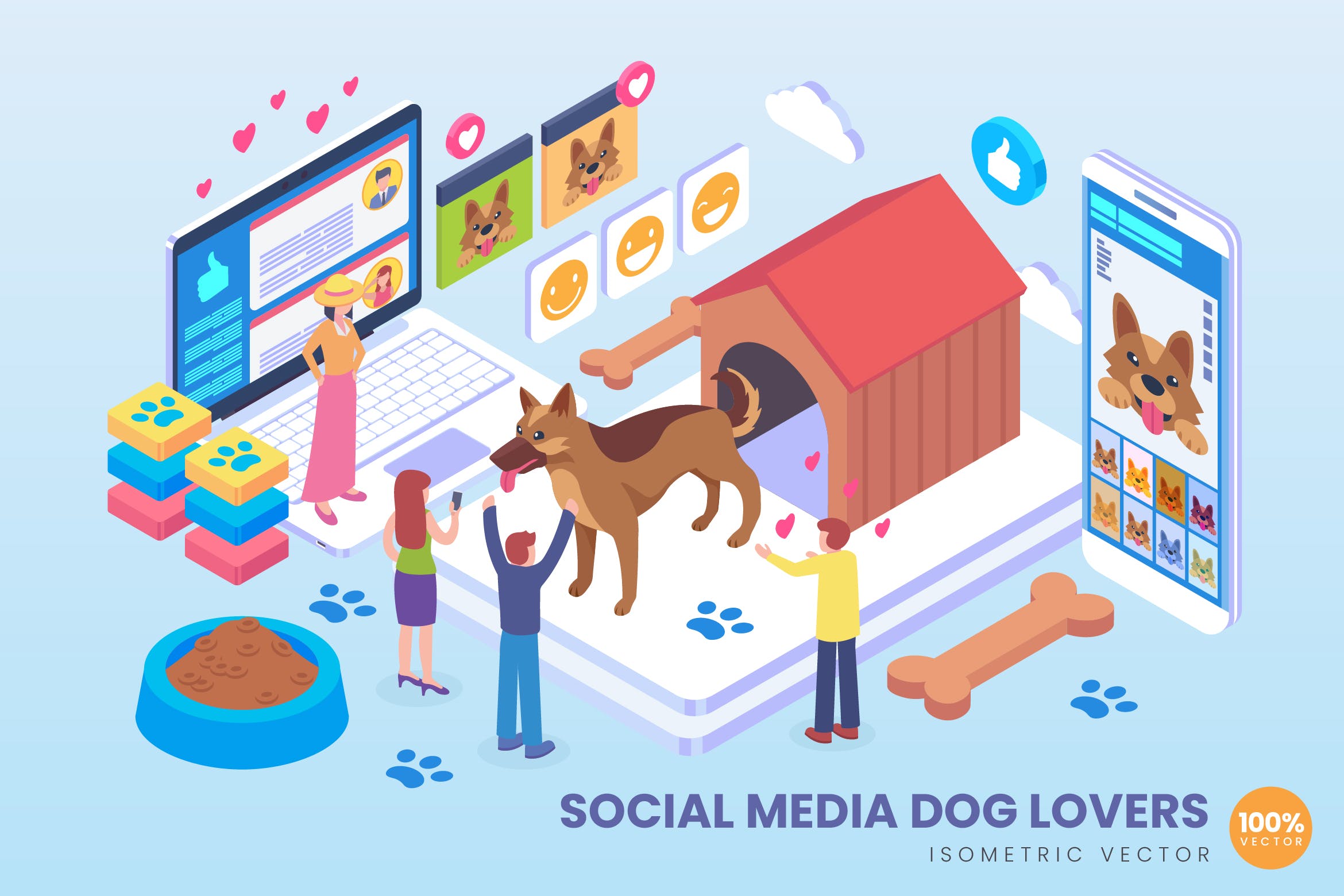 宠物社交主题等距矢量普贤居精选概念插画v2 Isometric Social Media Dog Lover Vector Concept插图