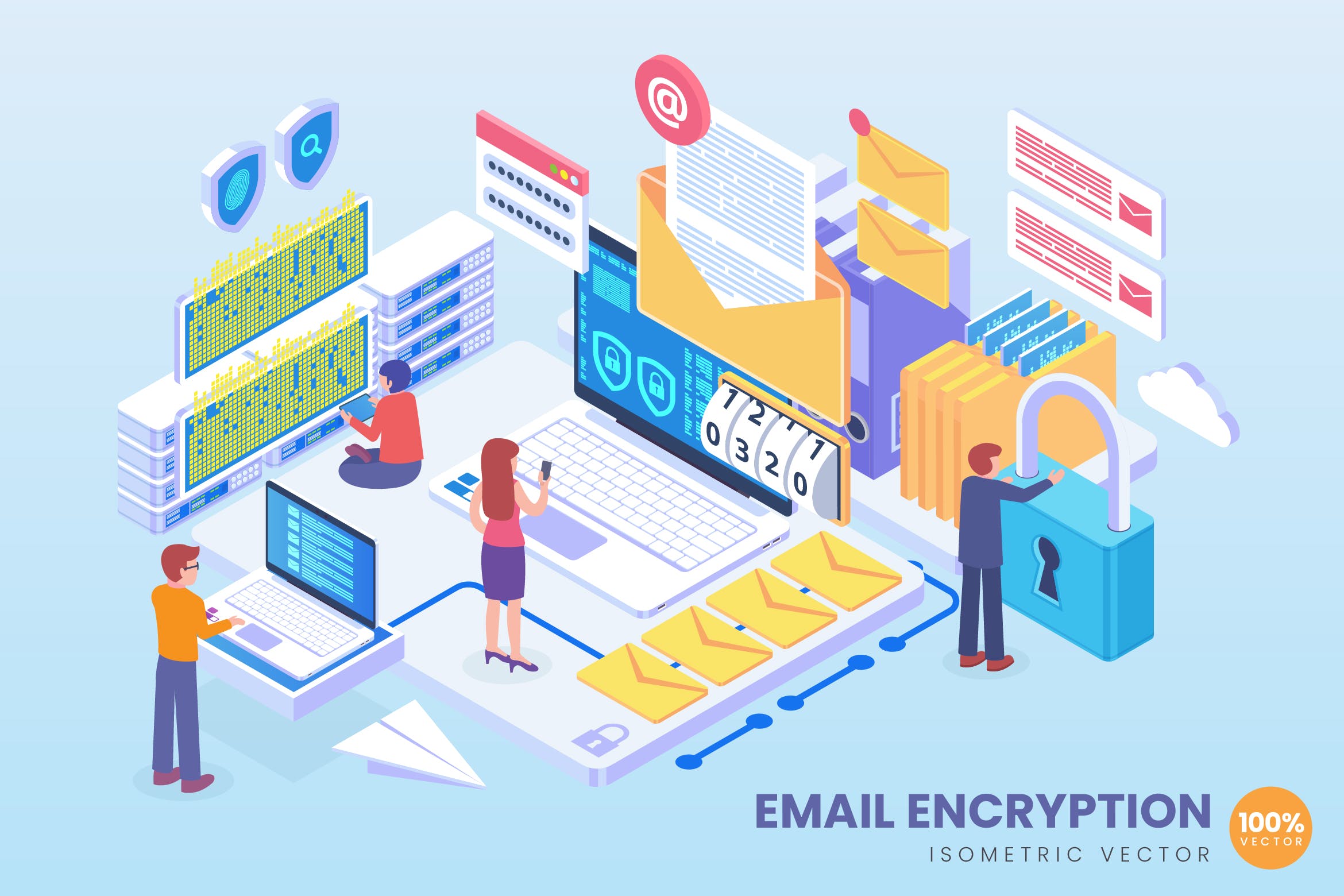 电子邮件加密技术等距矢量科技16图库精选概念插画 Isometric Email Encryption Technology Vector插图