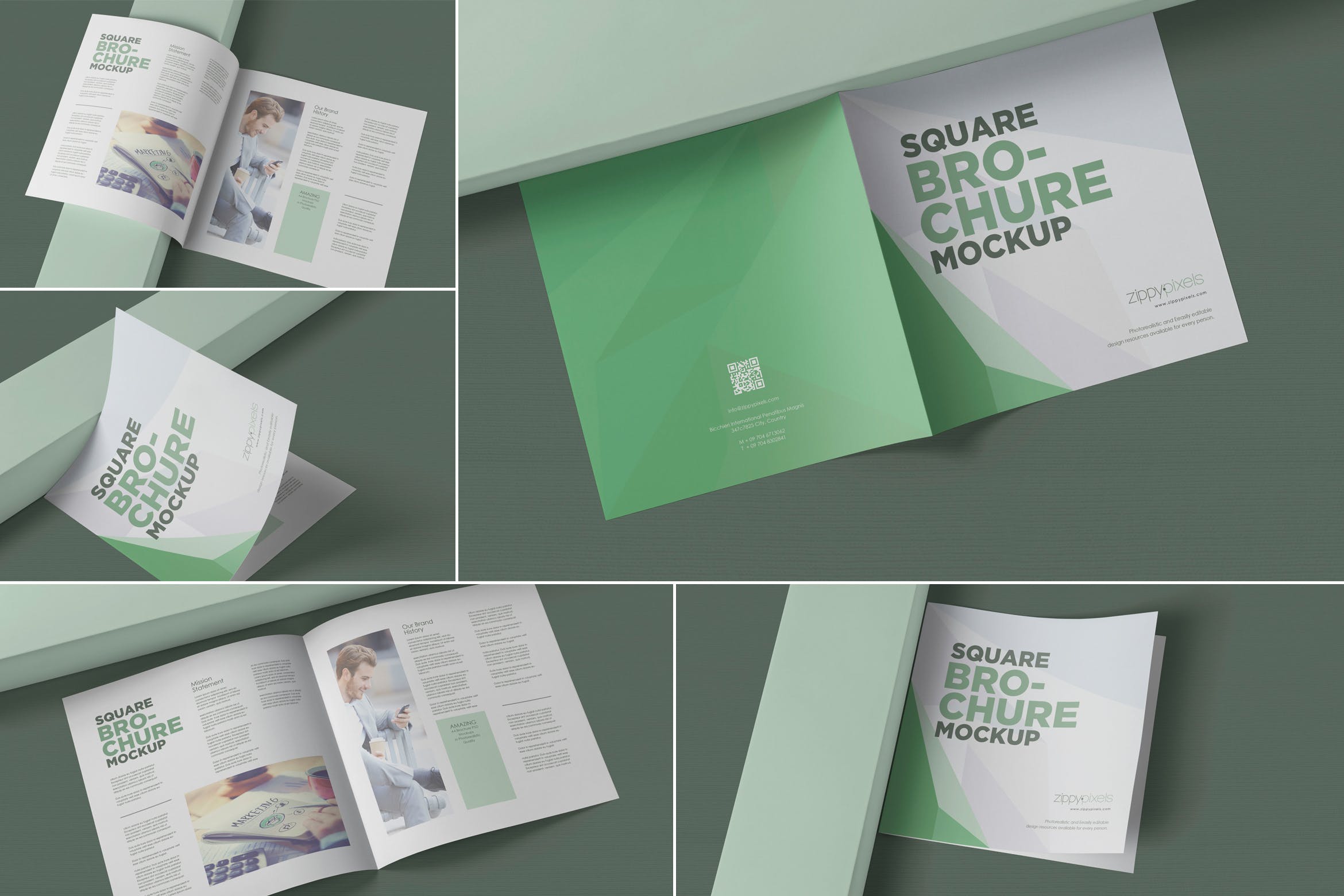 方形对折页宣传手册设计效果图样机非凡图库精选 Square Bifold Brochure Mockups插图