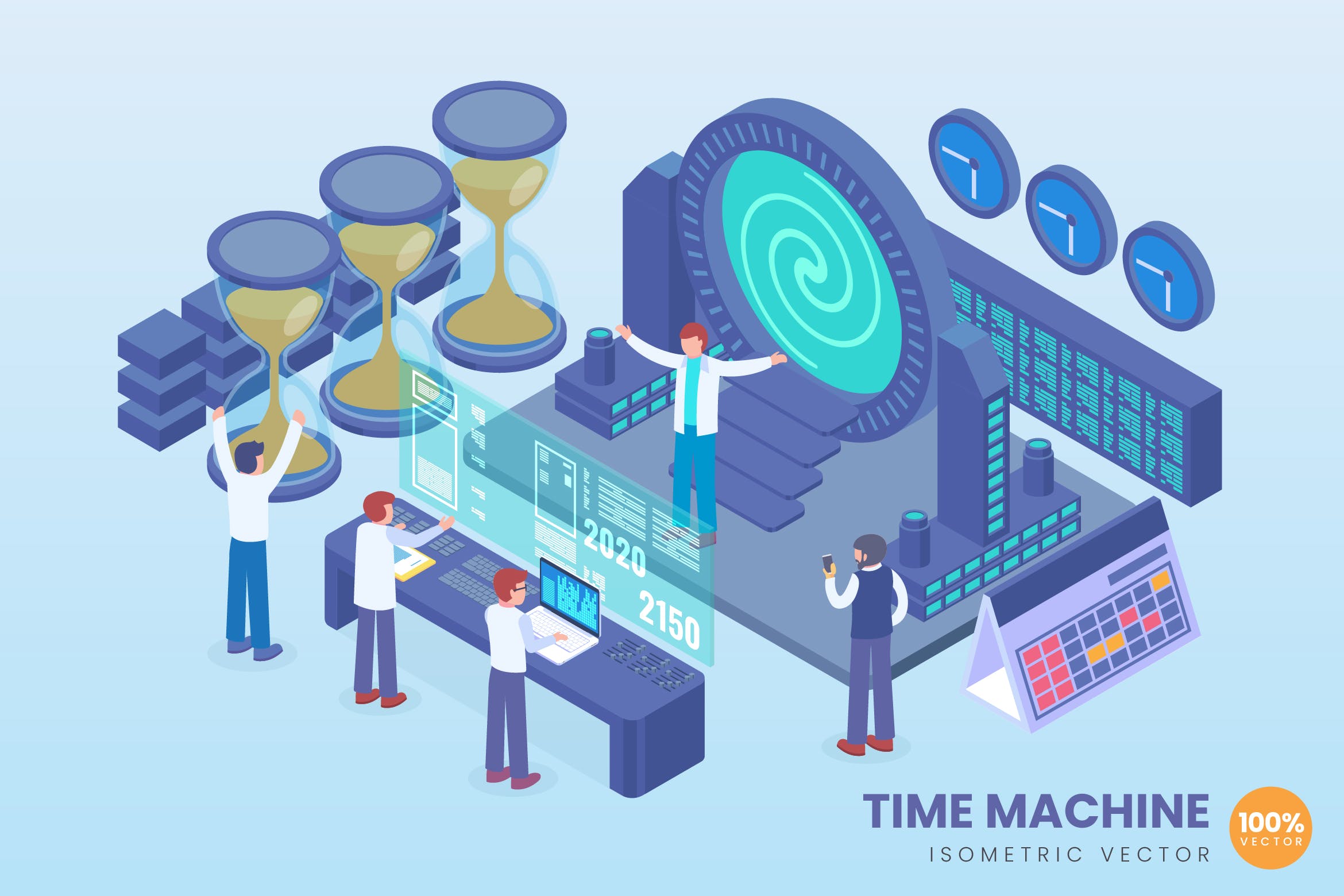 时间机器技术等距矢量素材库精选概念插画素材 Isometric Time Machine Technology Vector Concept插图