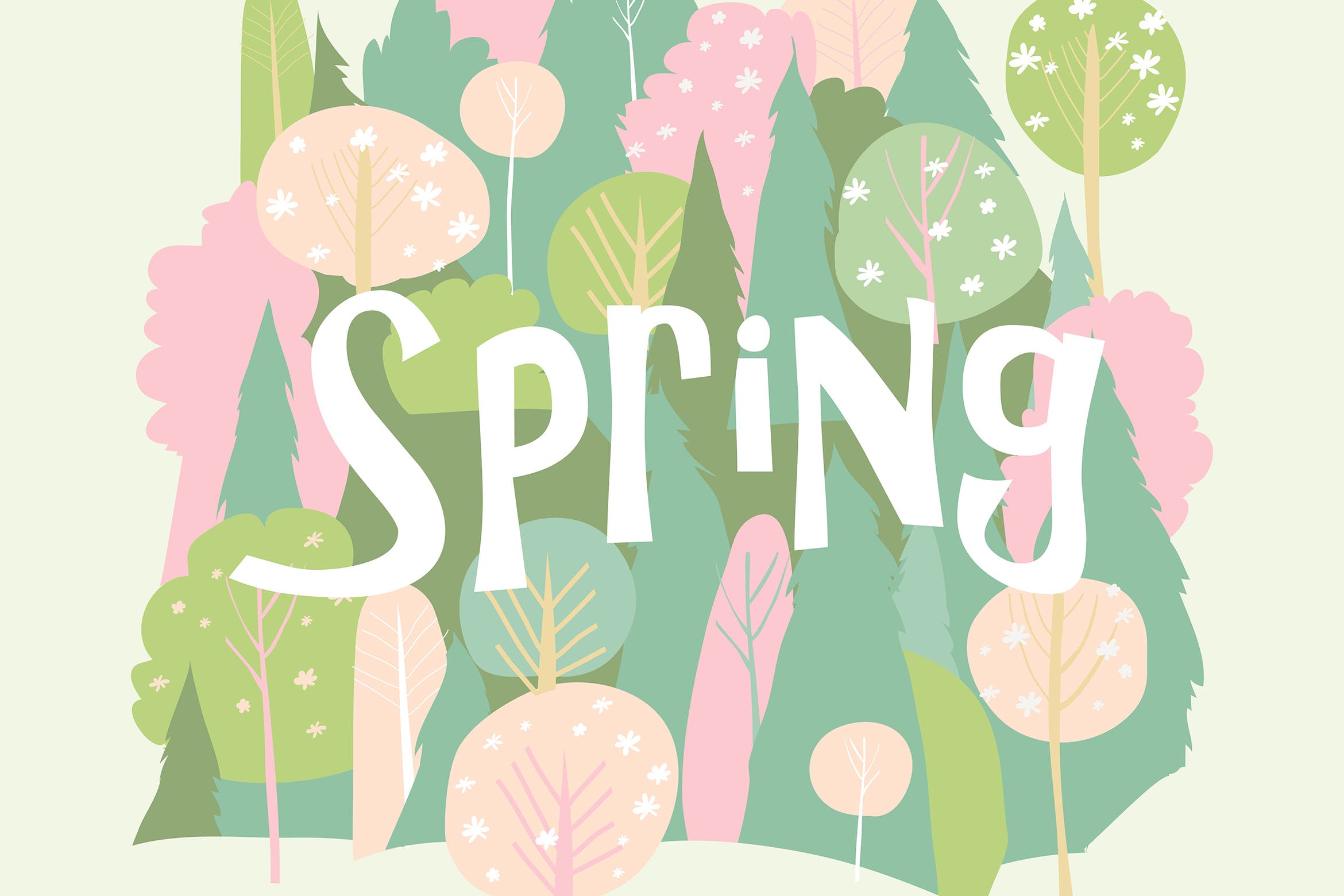 春季森林背景矢量手绘图案素材 Vector cartoon spring blossom forest. Hello spring插图