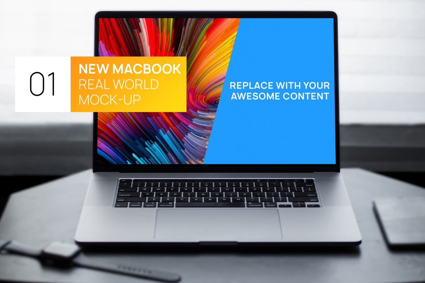 简约风格灰黑场景MacBook电脑屏幕演示素材中国精选样机 New MacBook Touchbar Dark Photo Real World Mock-up插图