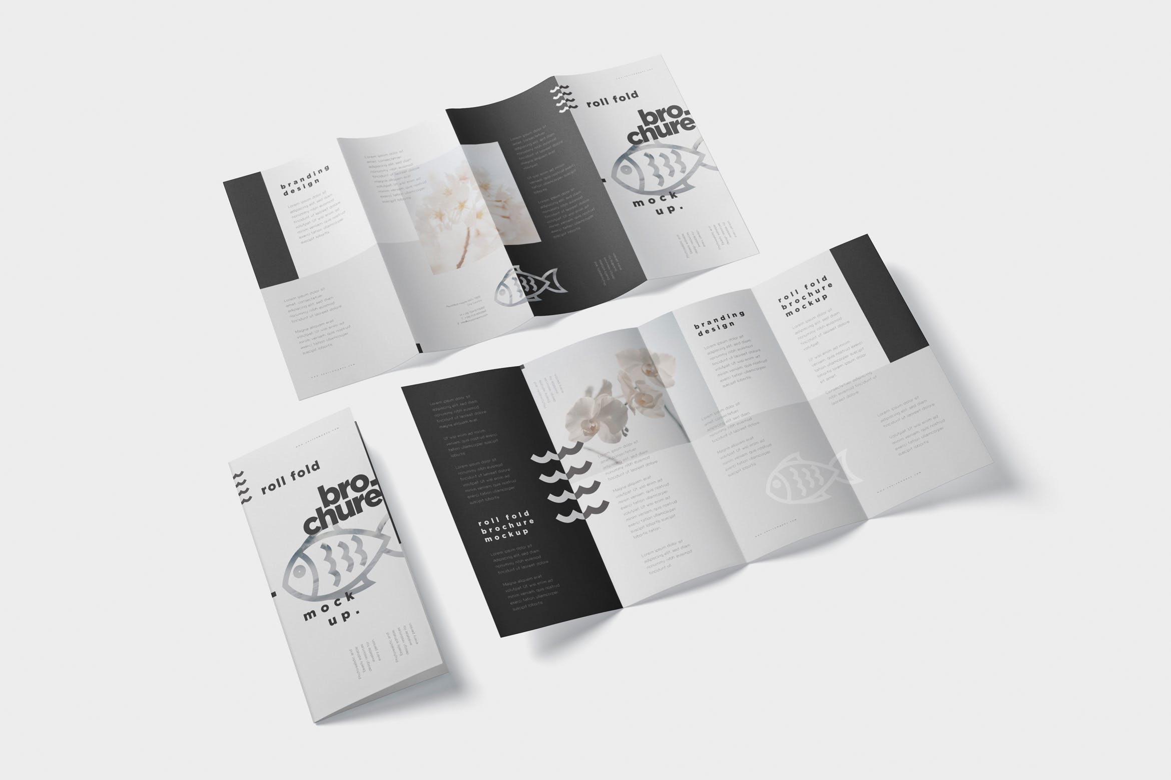 折叠设计风格企业传单/宣传册设计样机16图库精选 Roll-Fold Brochure Mockup – DL DIN Lang Size插图