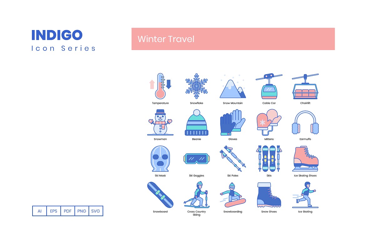 95枚靛蓝配色冬季旅行主题矢量非凡图库精选图标合集 95 Winter Travel Icons | Indigo Series插图(1)