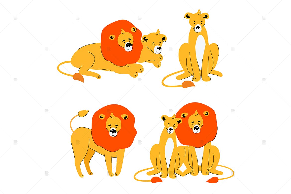 可爱狮子卡通动物扁平设计风格矢量插画16设计网精选 Cute lion and lioness – flat design characters插图(1)